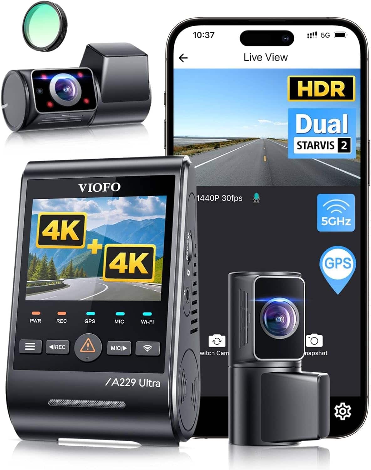 VIOFO - A229 Ultra 3CH 4K+4K+1080P Dash Cam, Triple STARVIS 2, Dual HDR, 5GHz Wi-Fi, GPS, Voice Control