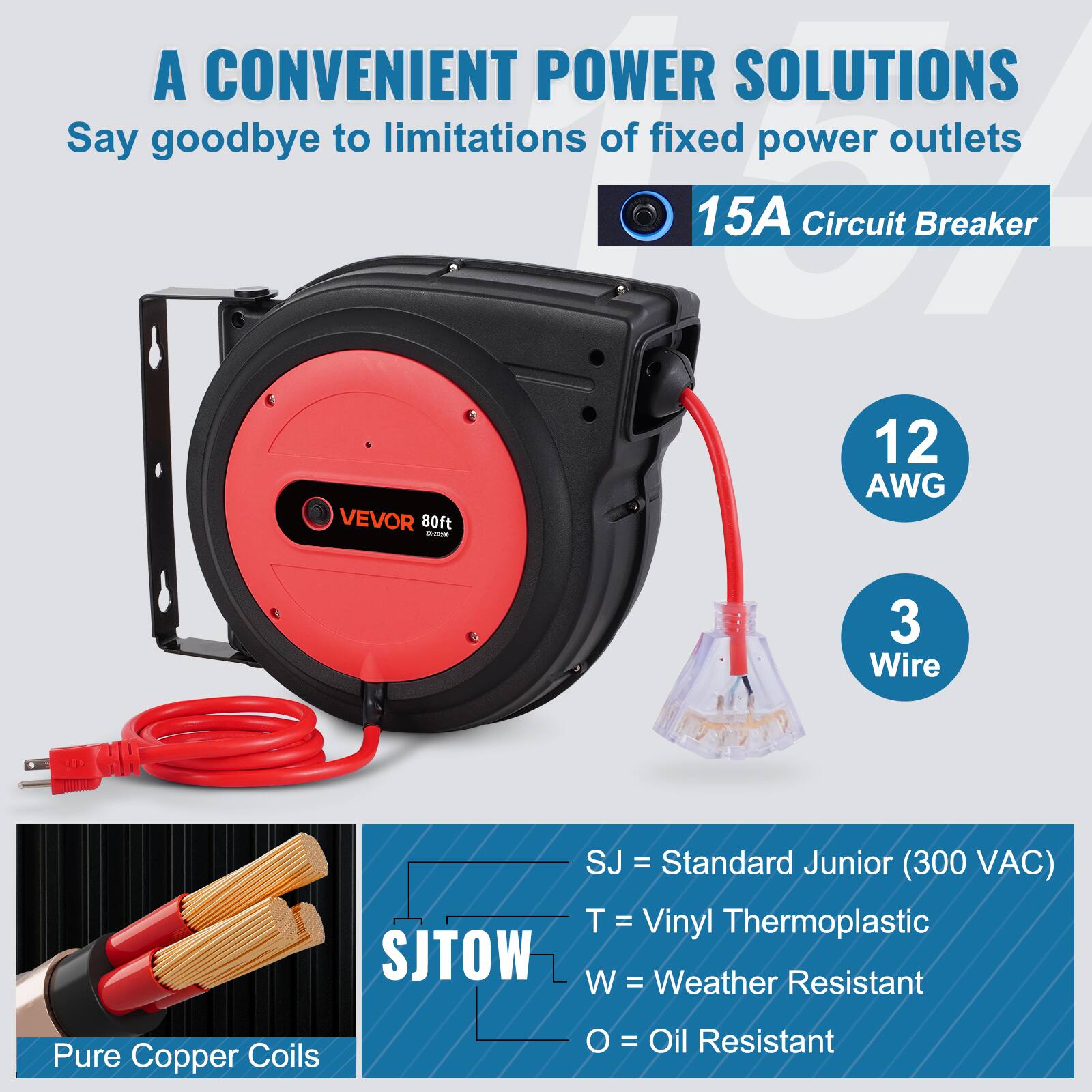 VEVOR Retractable Extension Cord Reel, 80 FT, Heavy Duty 12AWG/3C SJTOW ...