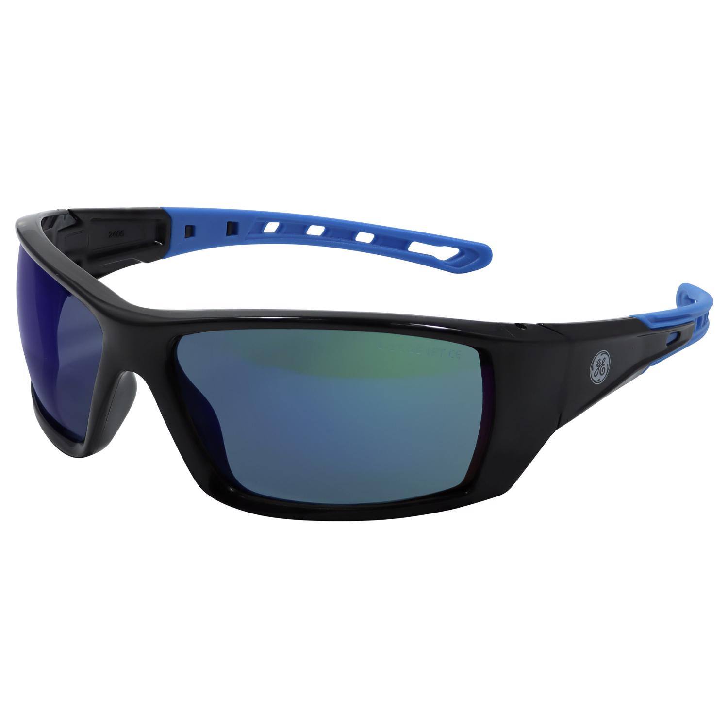Front. General Electric - General Electric 04 Series Anti-Fog Impact-Resistant Safety Glasses Blue Mirror Lens Black/Blue Fram - Black | Blue.