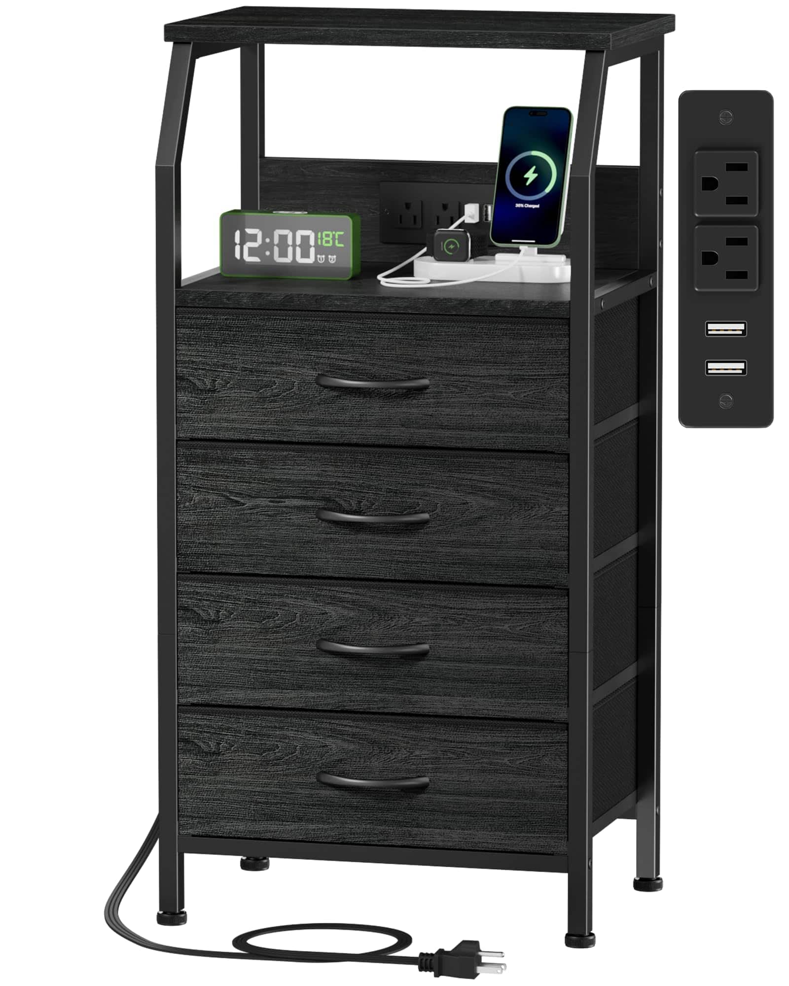 PO3TICJUNKI3 - Night Stand With Charging Station Usb Ports And Outlets 28 Tall Bedside Table Wood Shelf 3 Fabric Drawers S - Black Oak
