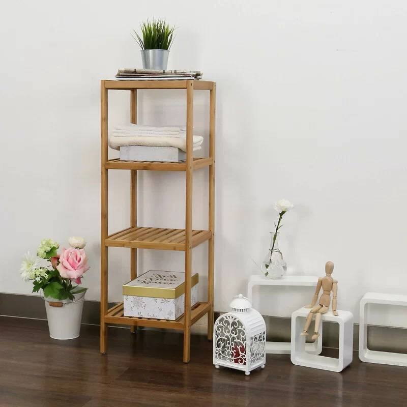 Left. Hivvago - Solid Wood 4-Tier Bathroom Storage Shelving Unit - Natural.