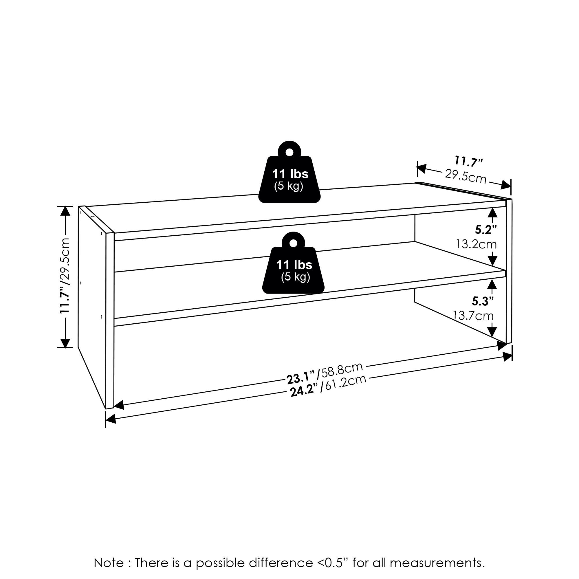 11 lbs (5 kg)  
11.7" / 29.5cm  
5.2" / 13.2cm  
5.3" / 13.7cm  
23.1" / 58.8cm  
24.2" / 61.2cm  

Note: There is a possible difference <0.5" for all measurements.