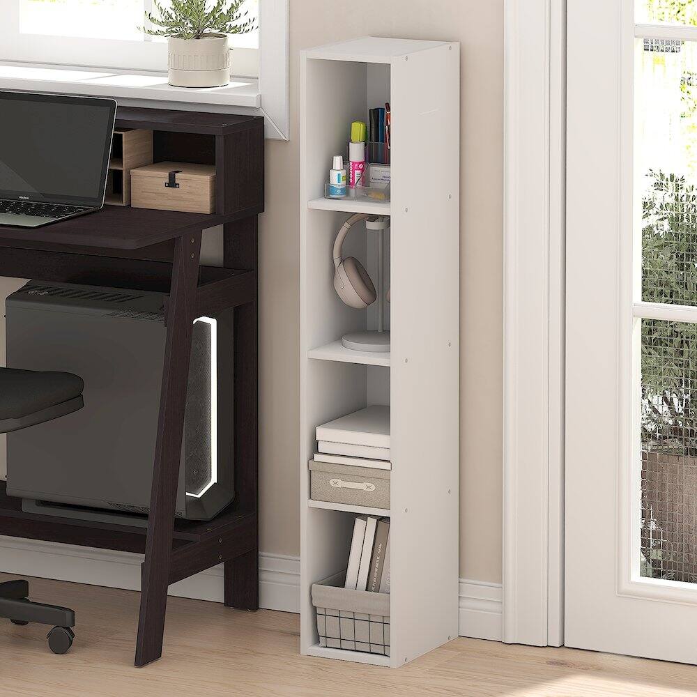 Angle. Furinno - FULDA Book Shelf, 4-Tier Narrow Bookshelf, Standing Bookcase with 8-In Width Storage Shelf, 9.3 x 7.9 x 41.6 - White.