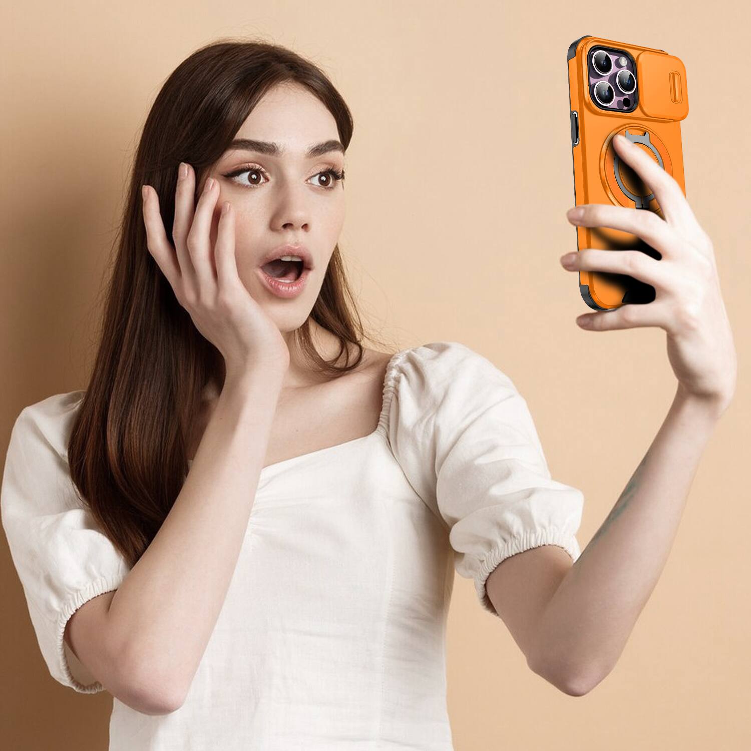 Alt View 6. UUCOVER - For Apple iPhone 14 Pro Max Magnetic Case with Slide Camera Lens Cover & 360° Ring Stand - Drop Protection Phone Shell - Orange.