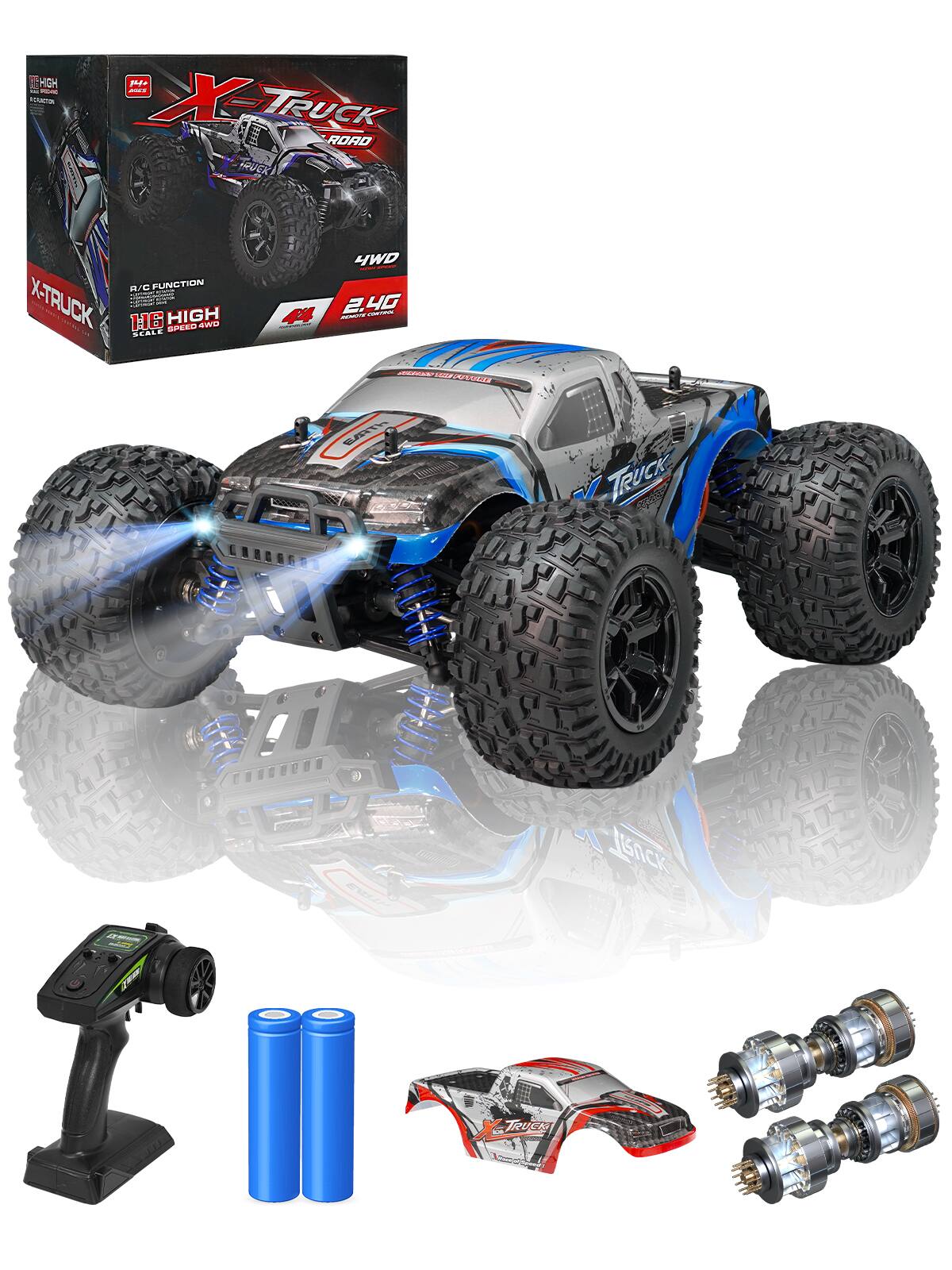 U-HOMY - 1:16 RC Car, 40KM/H High-Speed 4WD Monster Truck with 2 Batteries, All-Terrain, Gift for Kids & Adults - Black
