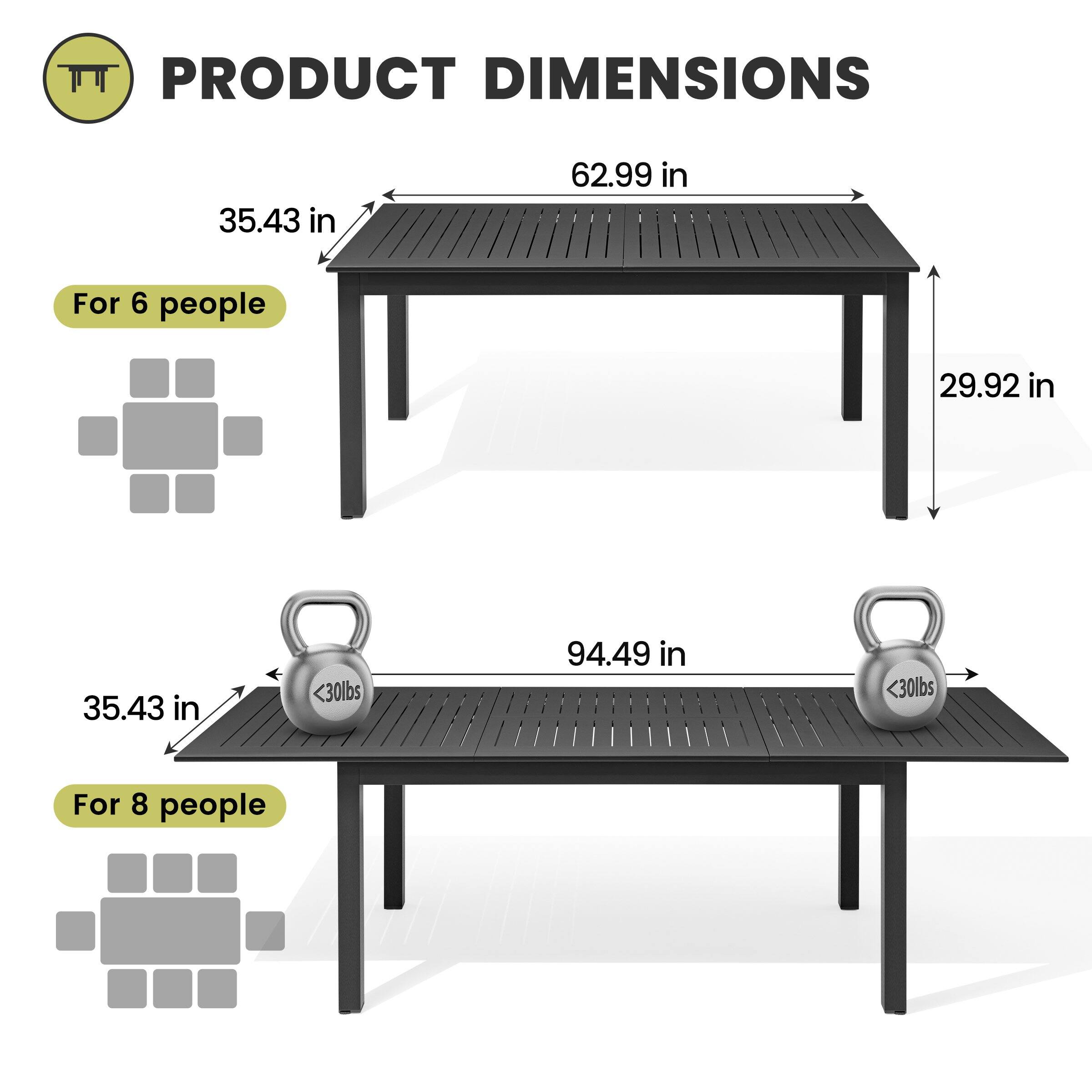PRODUCT DIMENSIONS

For 6 people  
35.43 in x 62.99 in x 29.92 in  
<30lbs

For 8 people  
35.43 in x 94.49 in x 29.92 in  
<30lbs