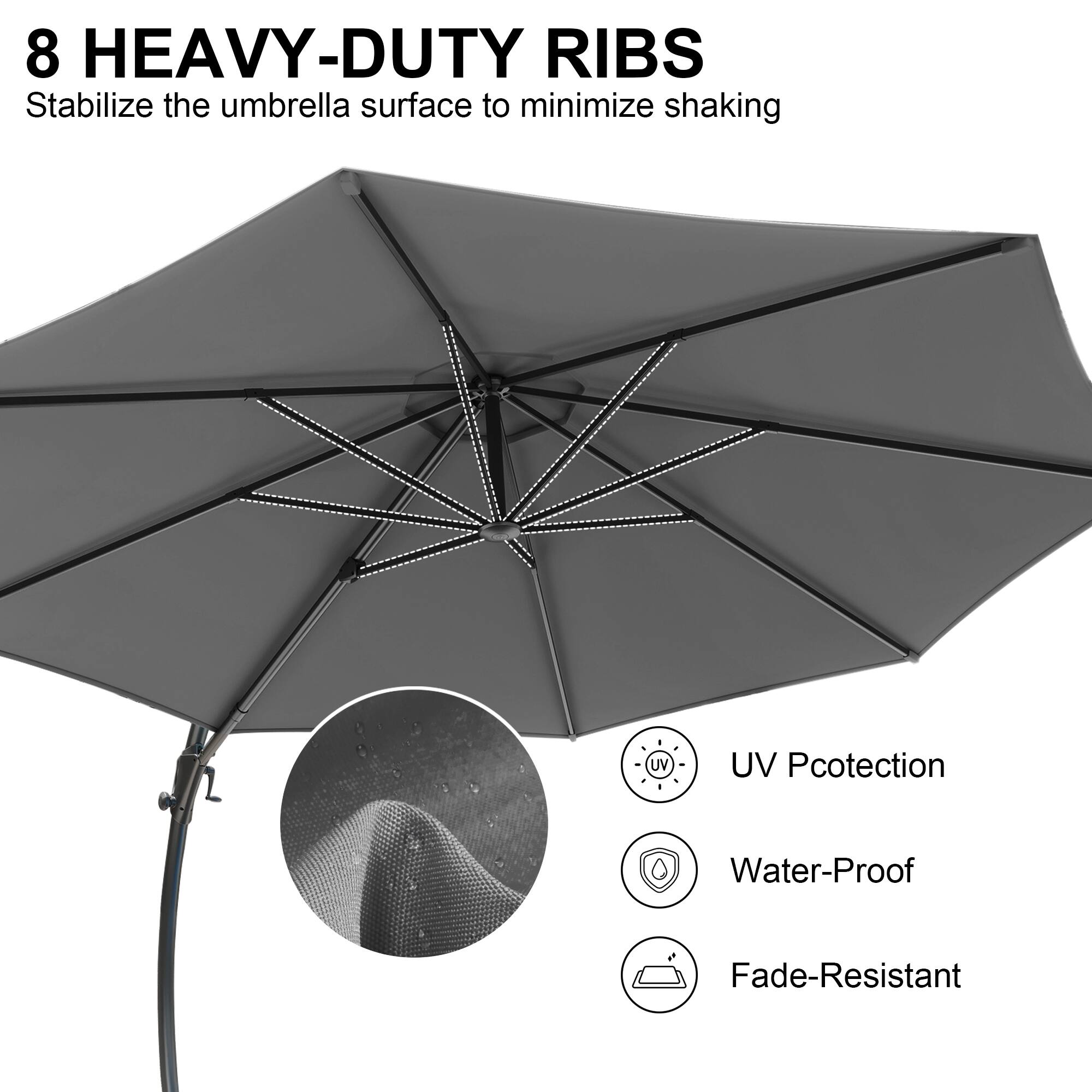 8 HEAVY-DUTY RIBS  
Stabilize the umbrella surface to minimize shaking  

- UV Protection  
- Water-Proof  
- Fade-Resistant