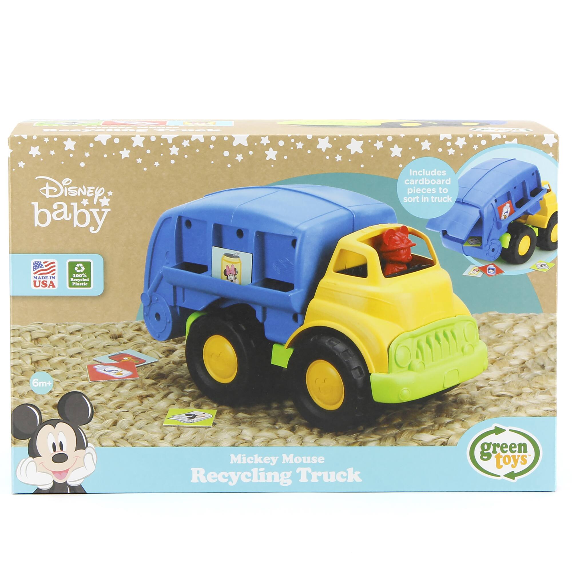 Disney Baby Mickey Mouse Recycling Truck, made in the USA, is a green toy for children 6 months and older. The toy includes cardboard pieces to sort in the truck, making it a fun and educational play experience.