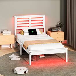 Winado - Solid Wood Twin Platform Bed Frame with LED Lights & USB Charging Storage Headboard Shelf & Drawer No Box Spring Needed - White-A