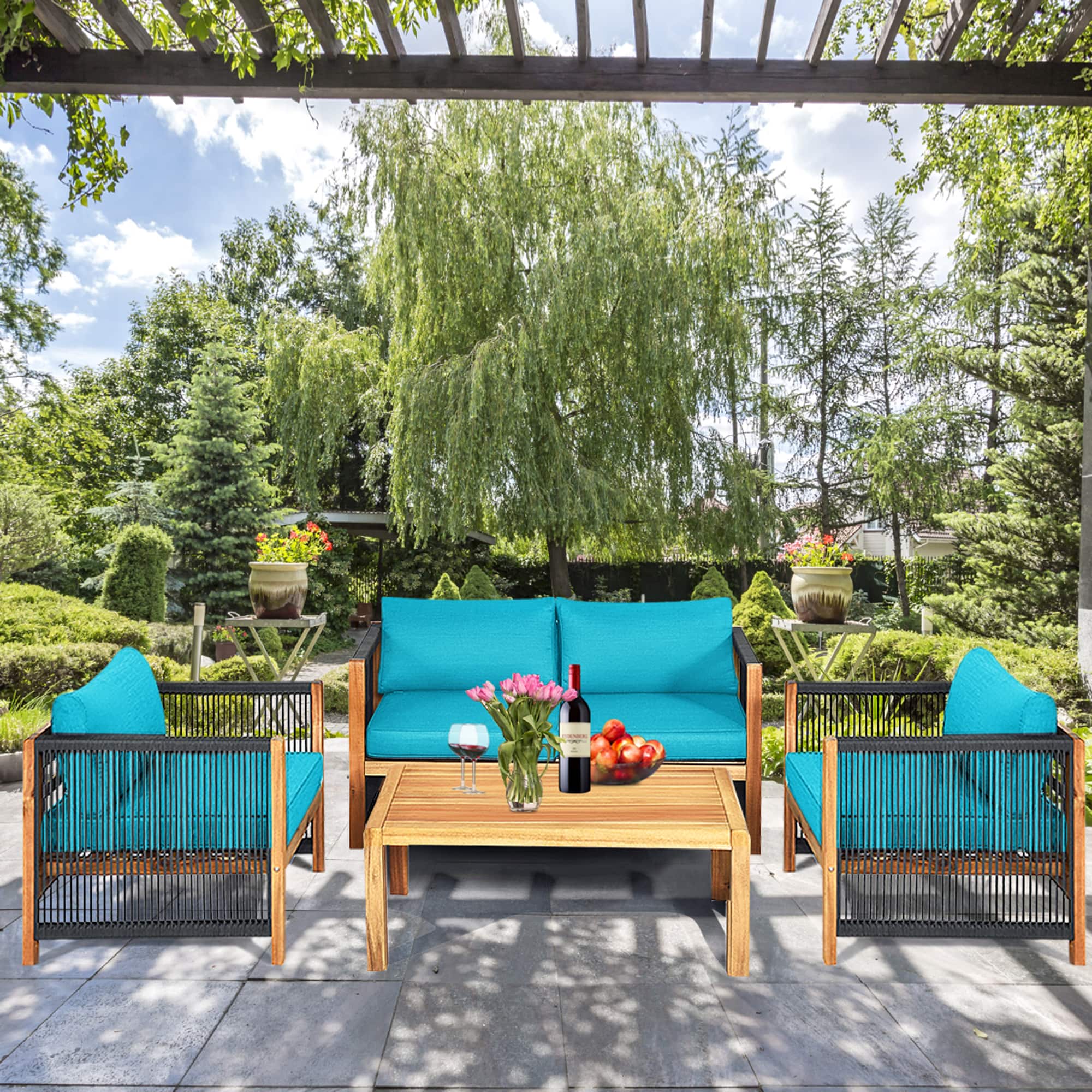 Gymax - 4PCS Acacia Wood Outdoor Patio Furniture Conversation Set W/ Cushions - Turquoise price history on PriceWatchPro