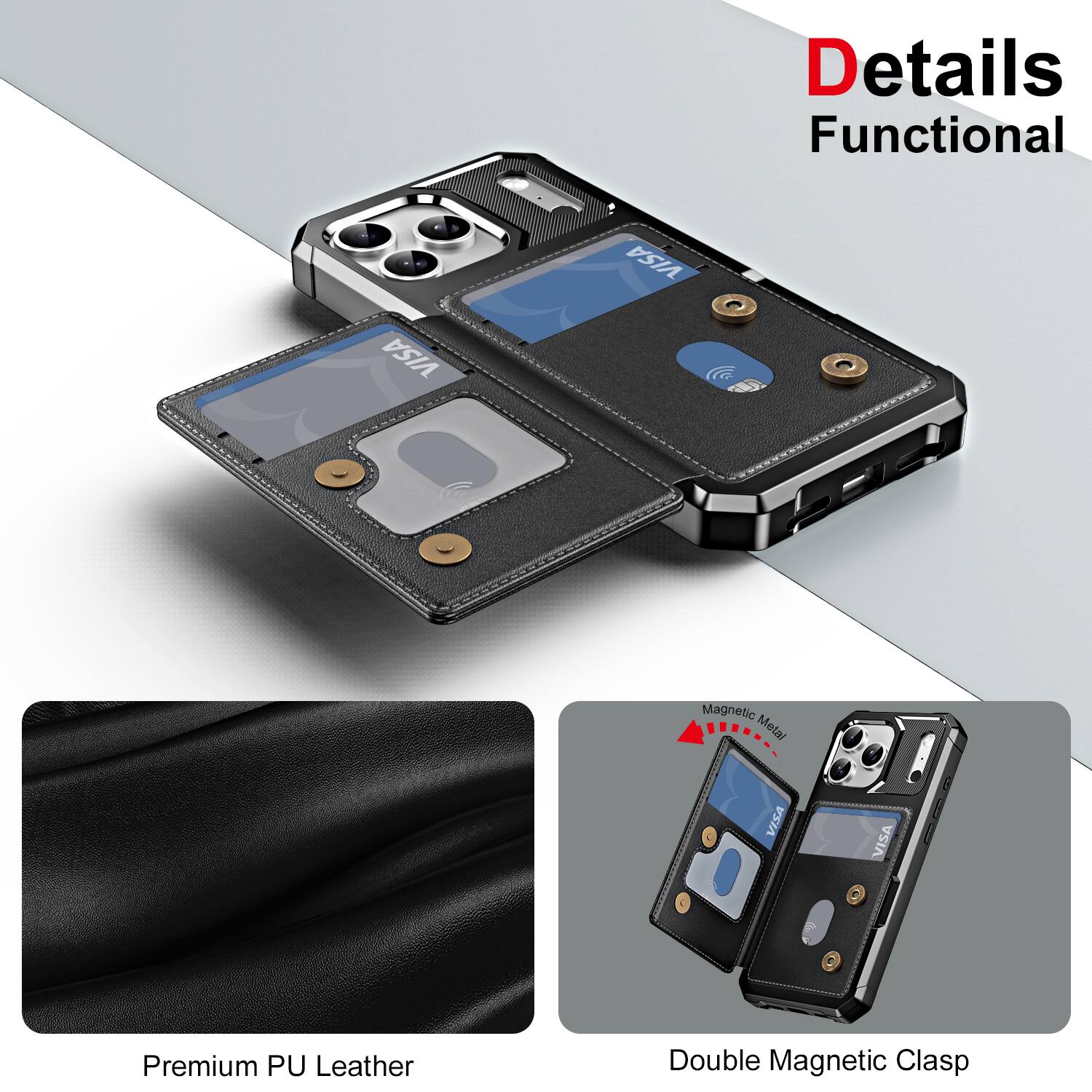 Details Functional  
Premium PU Leather  
Double Magnetic Clasp  
Magnetic Metal