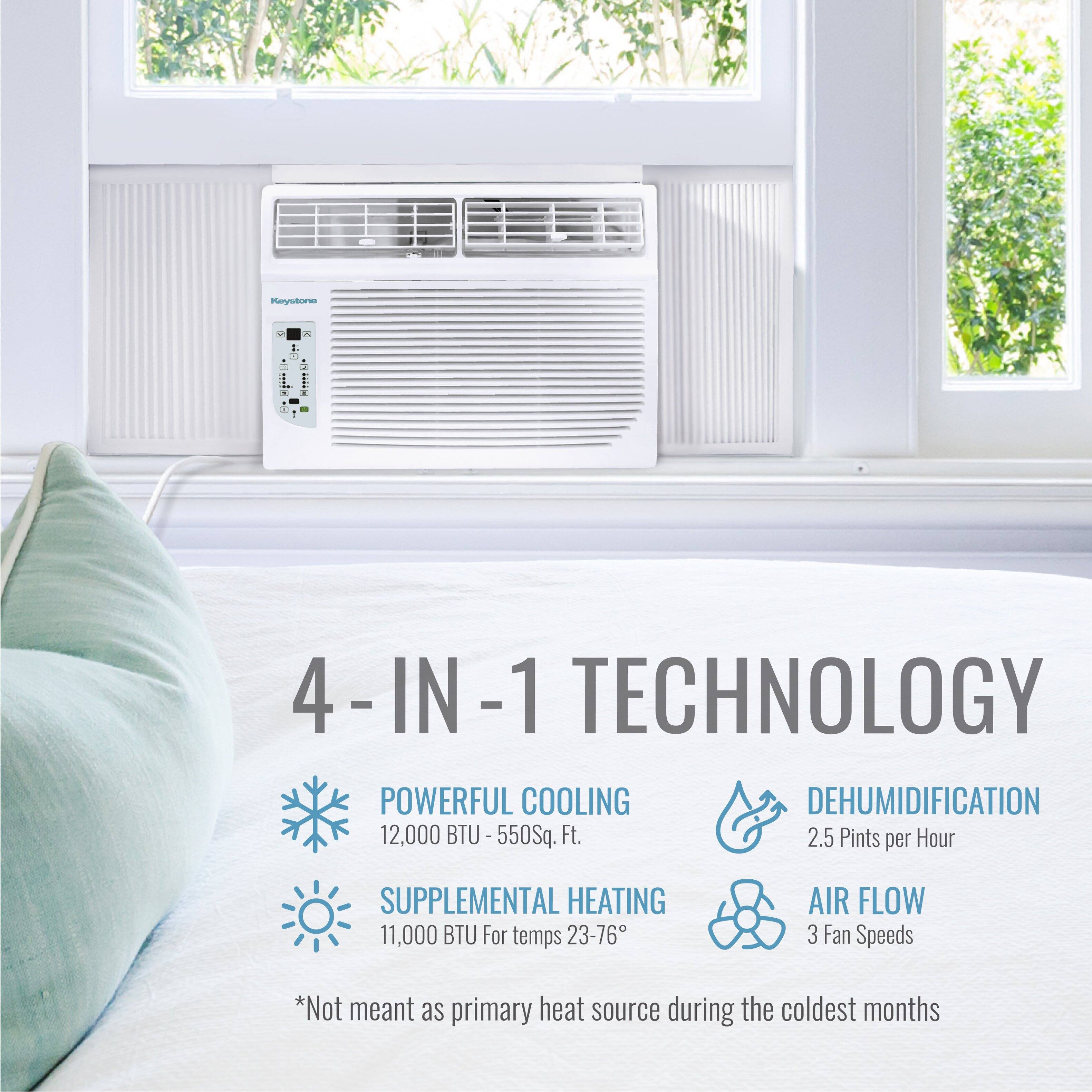 Pnytone 1 a E I - 4-IN-1 TECHNOLOGY POWERFUL COOLING DEHUMIDIFICATION 12,000 BTU - 550Sq. Ft. 2.5 Pints per Hour SUPPLEMENTAL HEATING 11,000 BTU For temps 23-76 AIR FLOW 3 Fan Speeds *Not meant as primary heat source during the coldest months
