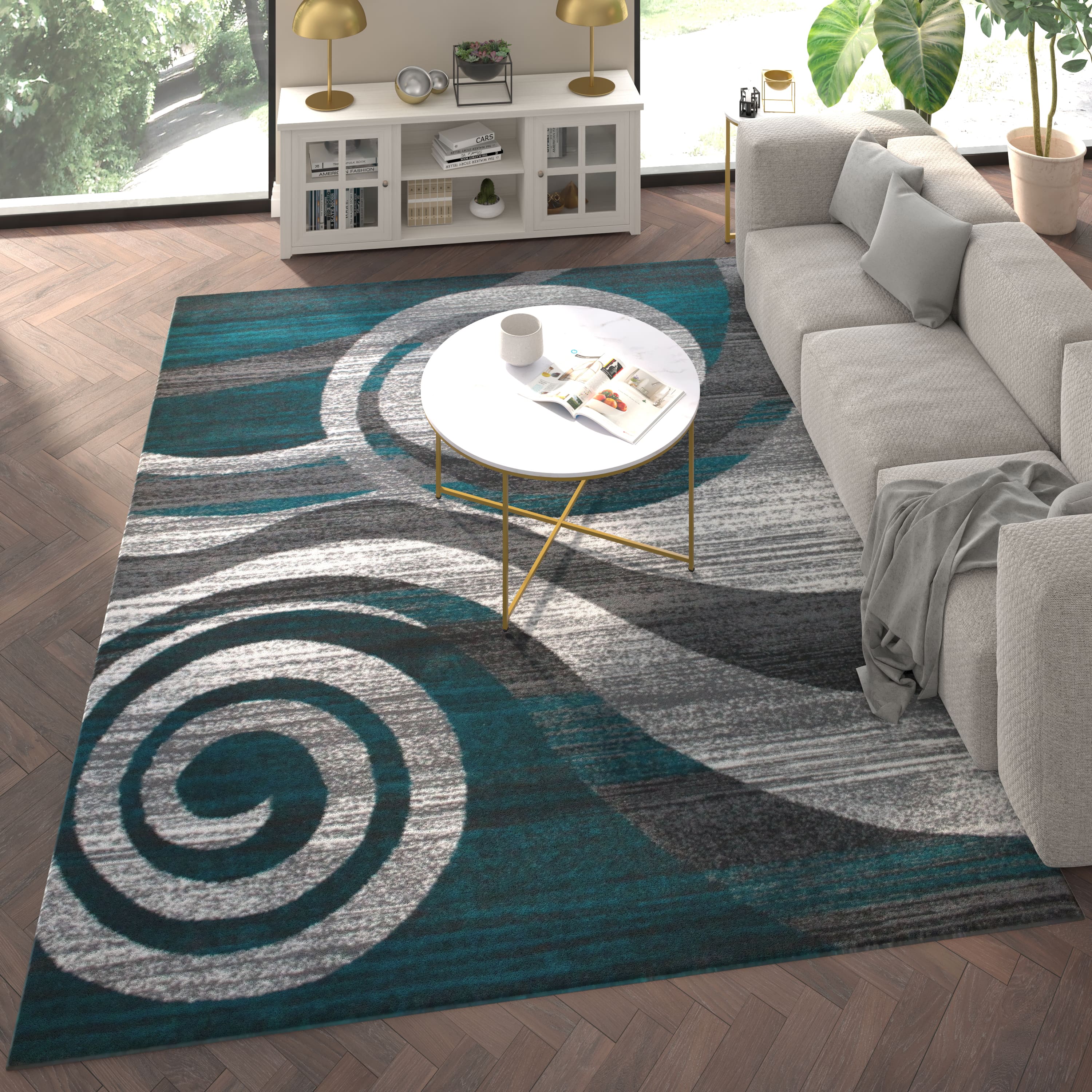 Emma + Oliver - Aeris Contemporary Swirl Plush Pile Accent Rug with Scraped Effect and Jute Backing - Turquoise