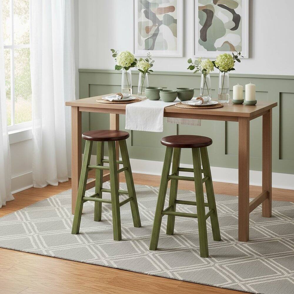 Alt View 3. FurniFact - 24" Rustic Green Counter Stool - Rustic Green / Walnut.