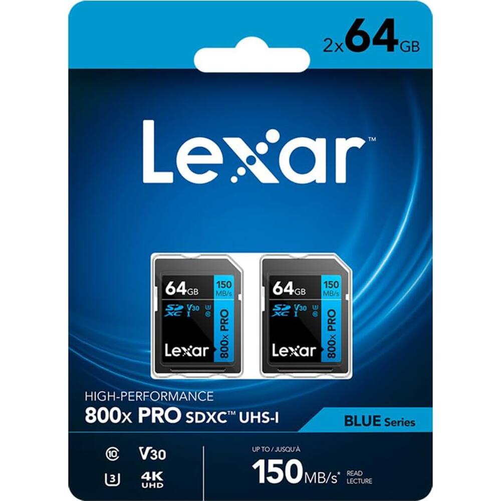 2x 64GB Lexar 800x PRO SDXC UHS-I  
HIGH-PERFORMANCE 800x PRO SDXC™ UHS-I  
V30  
4K UHD  
UP TO 150 MB/s  
READ LECTURE  
BLUE Series