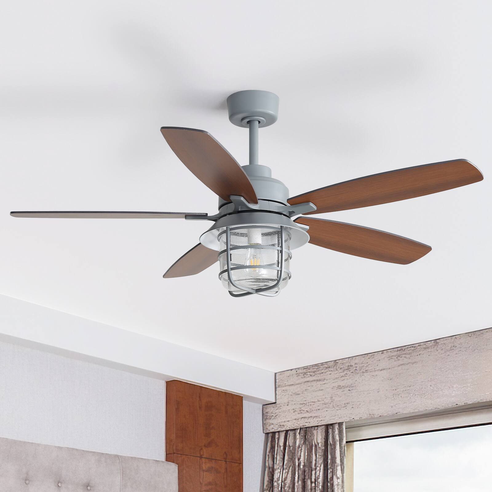 Alt View 4. Sofucor - 52" Indoor Outdoor Ceiling Fans with Lights and Remote 6-Speed DC Motor Farmhouse Gazebo Fan for Porch Patios Pavilion - Grey with Glass lampshade.