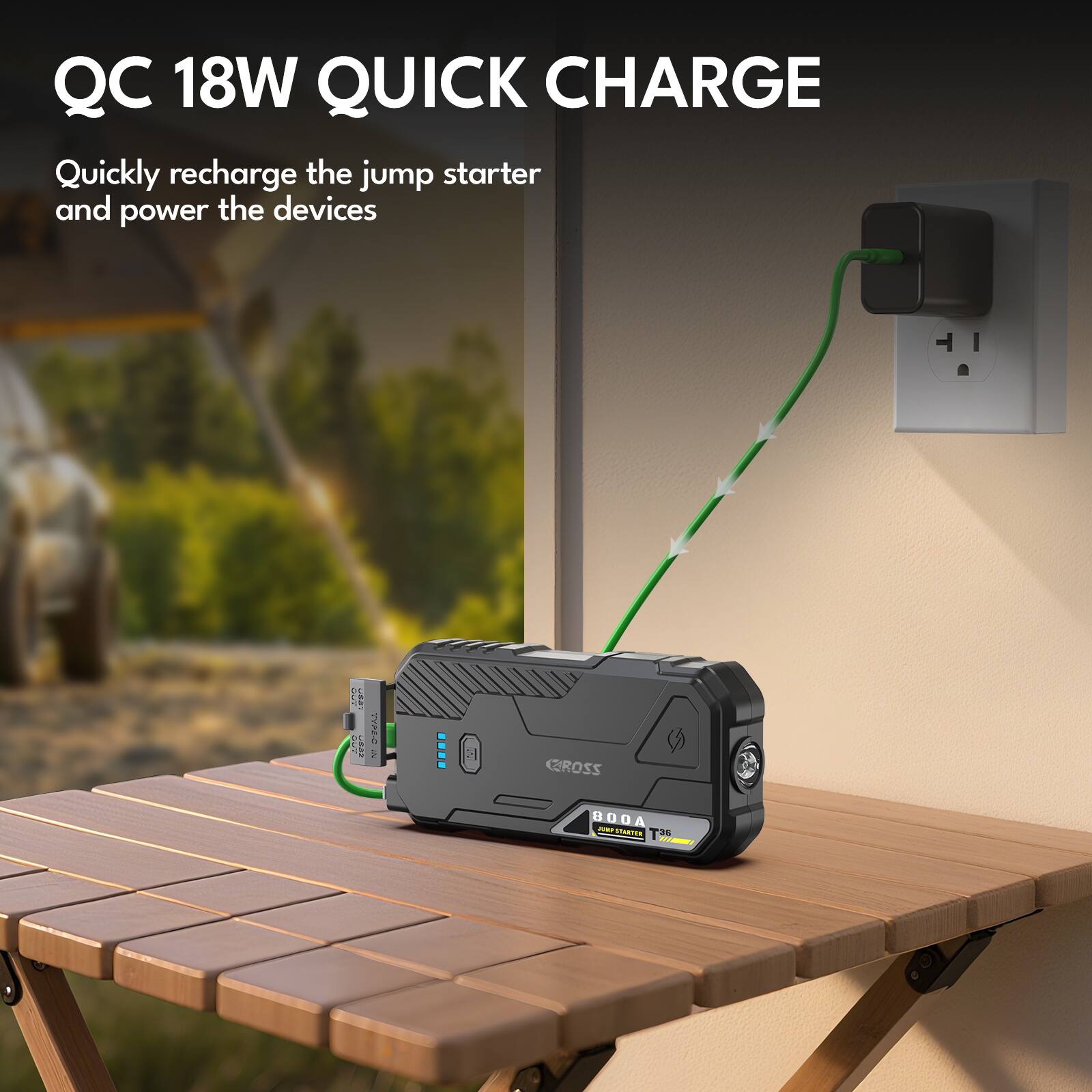 QC 18W QUICK CHARGE

Quickly recharge the jump starter and power the devices
