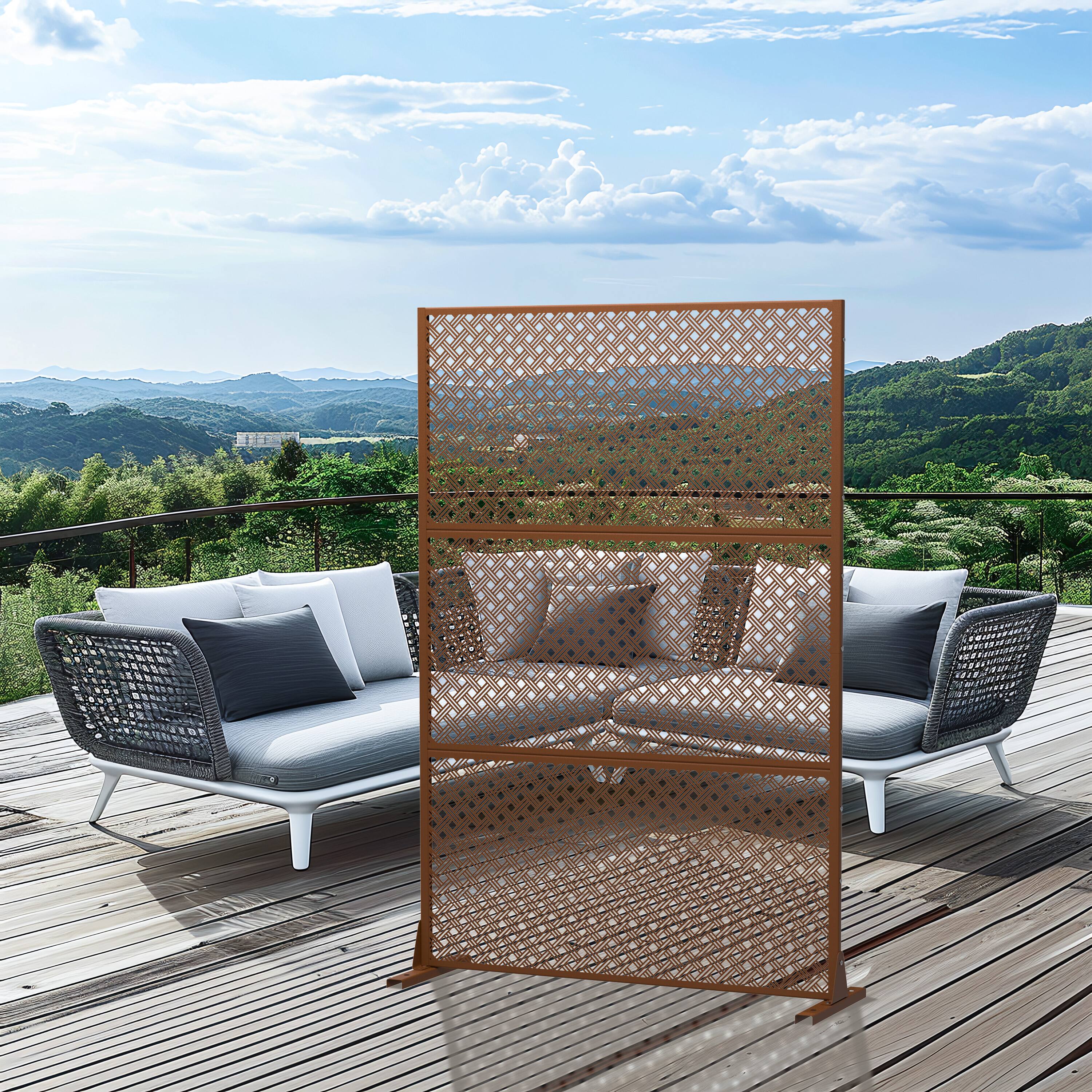 Alt View 8. PexFix - 72 in. x 47 in. Jason Pattern Metal Outdoor Privacy Screen & Panels, Freestanding Garden Divider Fence - Brown.
