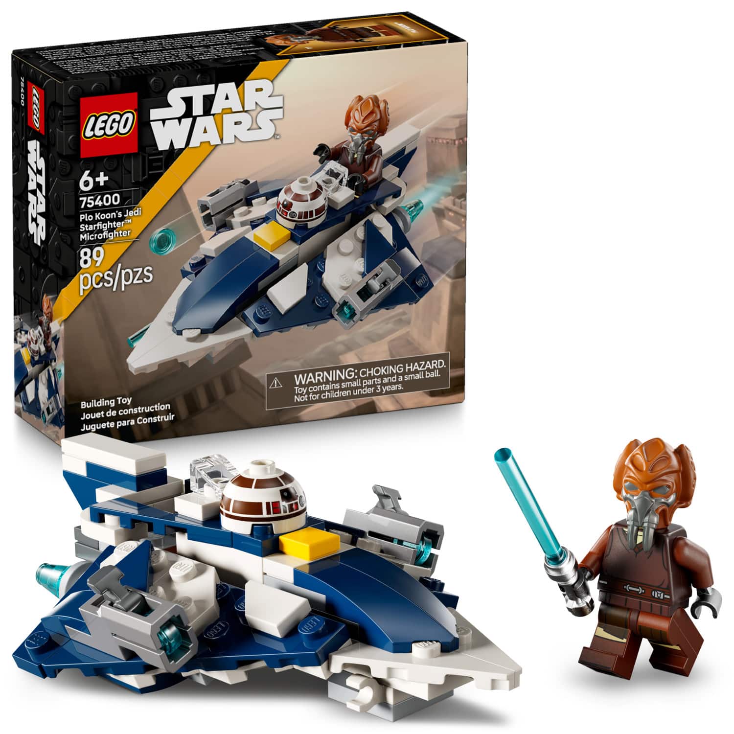 The text on the image is:
"LEGO STAR WARS 6+ 75400 Plo Koon's Jedi Starfighter Microfighter 89 pcs/pzs in Building Toy Jouet de construction para Construir Juguete CHOKING HAZARD. WARNING: a small ball. parts and contains small 3 years. Toy children under Not for 1 LK"
Corrected and grouped text:
"LEGO STAR WARS 6+ 75400 Plo Koon's Jedi Starfighter Microfighter 89 pcs/pzs. Building Toy. Jouet de construction para Construir. Juguete. CHOKING HAZARD. WARNING: Contains small parts and a small ball. Not for children under 3 years."