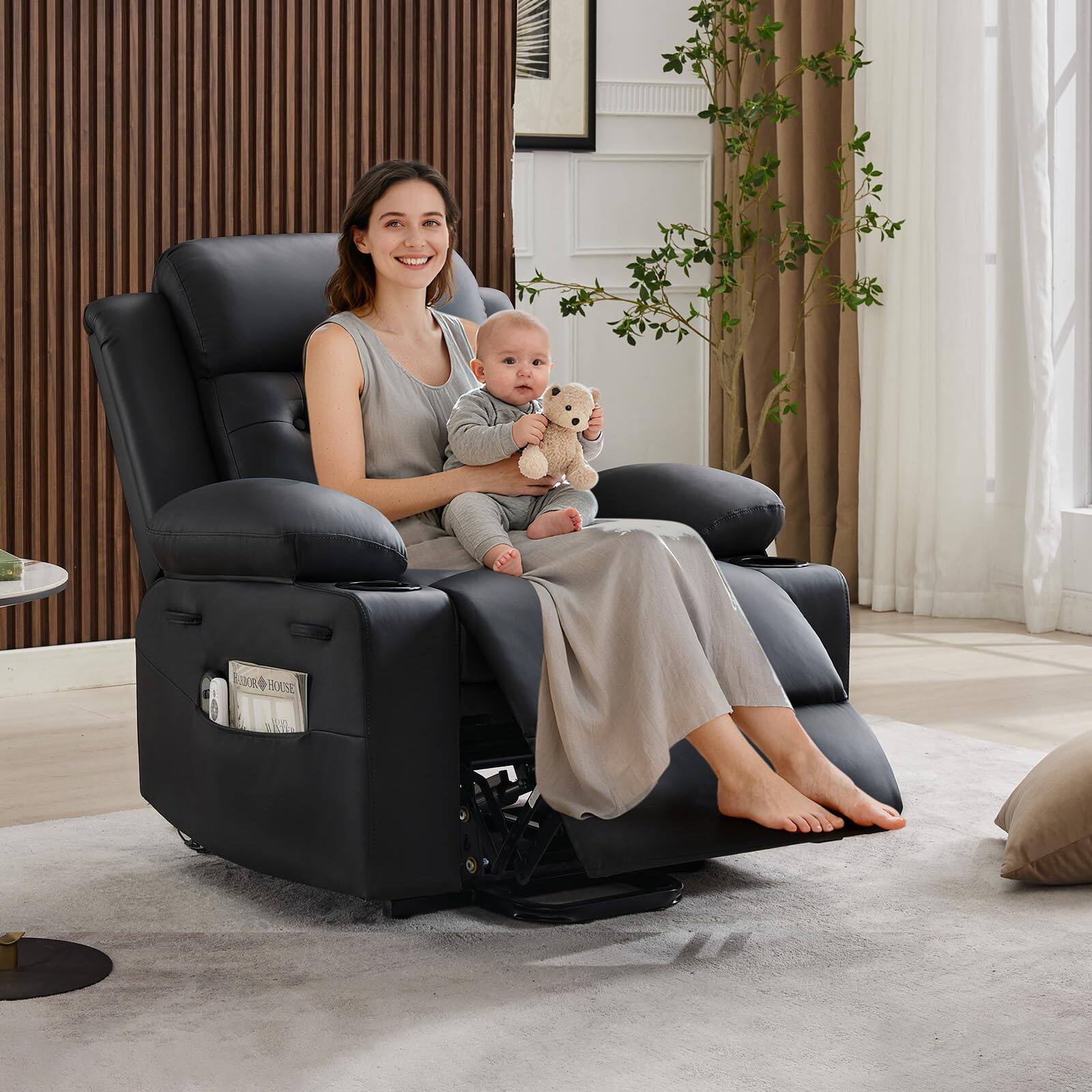 Alt View 4. Acekool - Power Lift Recliner Chair with Massage & Heating, Oversized PU Leather Lift Chair with Cup Holders & Side Pockets - Black.