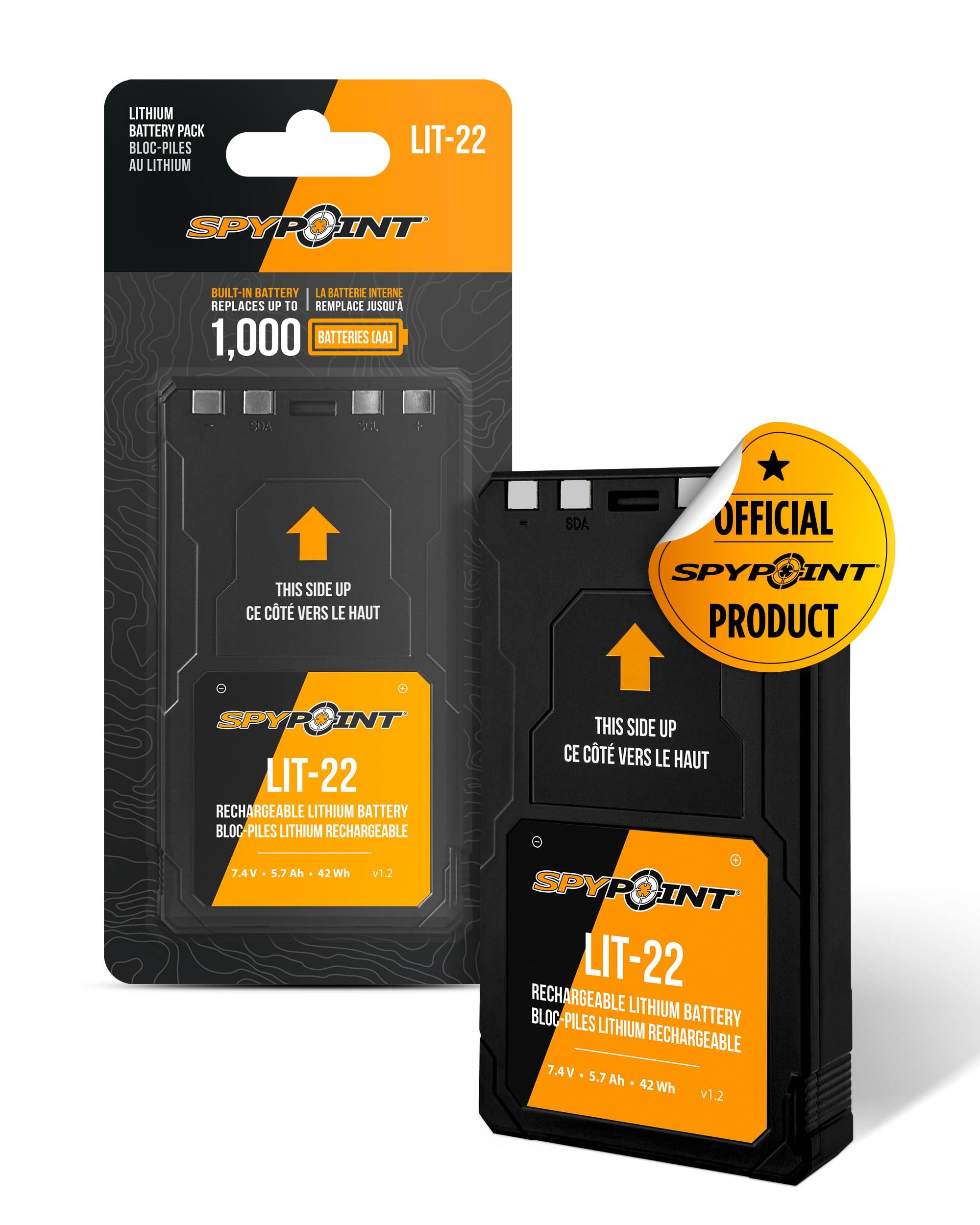 Lithium Battery Pack - Bloc-Piles au Lithium LT-22 SPYPOINT Built-in Battery - La Batterie Interne Replaces up to 1,000 Batteries (AA) This Side Up - Ce Côté Vers Le Haut Rechargeable Lithium Battery - Bloc-Piles Lithium Rechargeable 7.4V 5.7 Ah 42 Wh v1.2 SPYPOINT Official Product