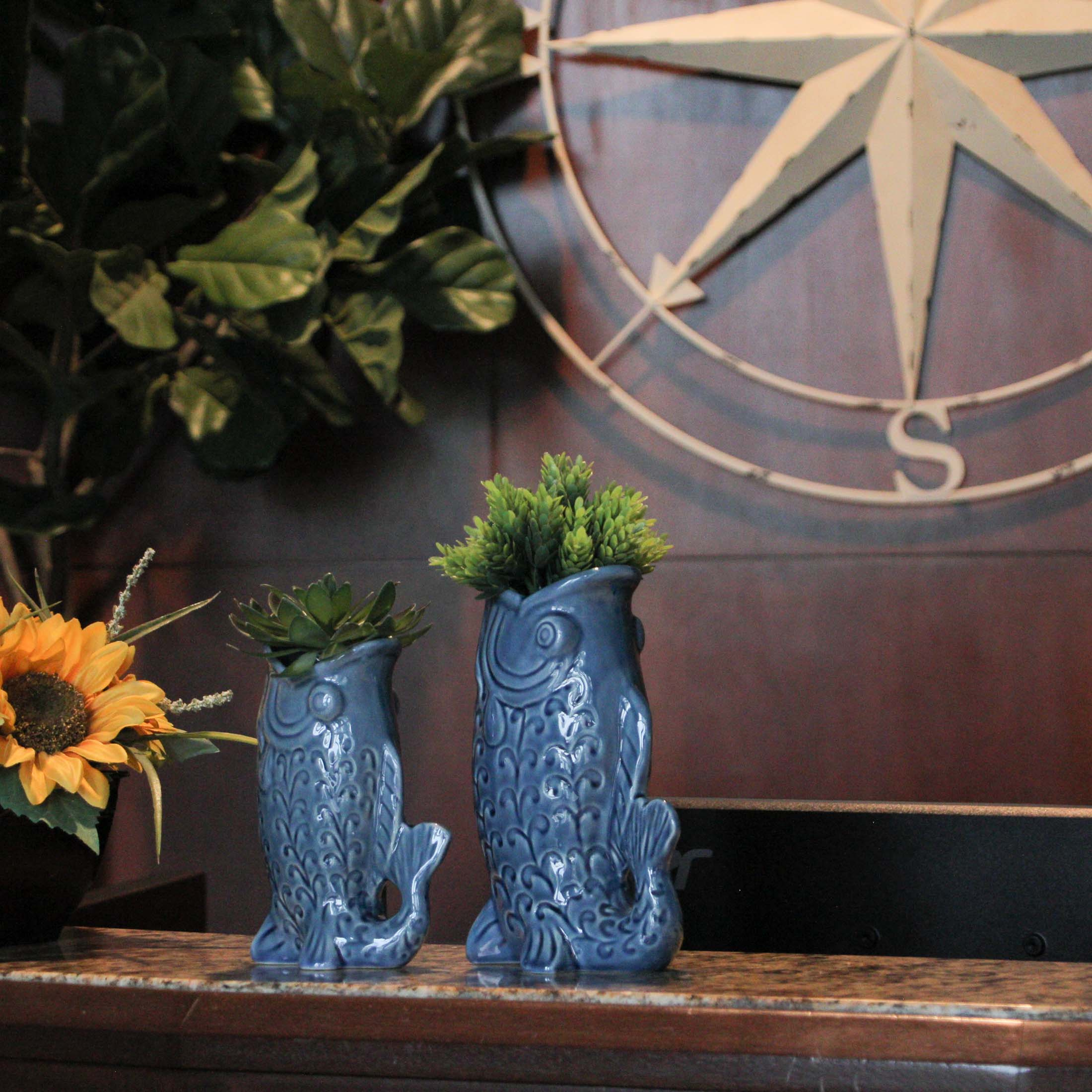 Alt View 4. Zeckos - Blue Fish Decorative Vases Set of 2 Glossy Ceramic Coastal Tabletop - Blue.