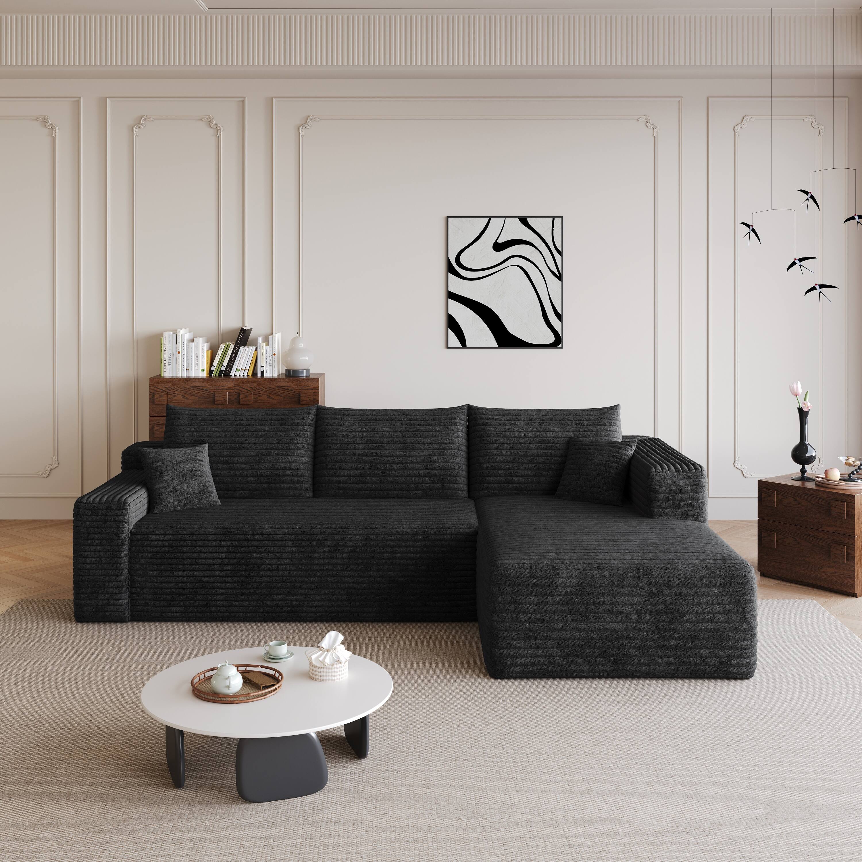 Alt View 4. Meqiodas - 95" Sectional Sofa with L-Shape Lounge,Soft Corduroy Modular Couch for Living Room, Deep Seat Corner Couch, No Assembly - Black.