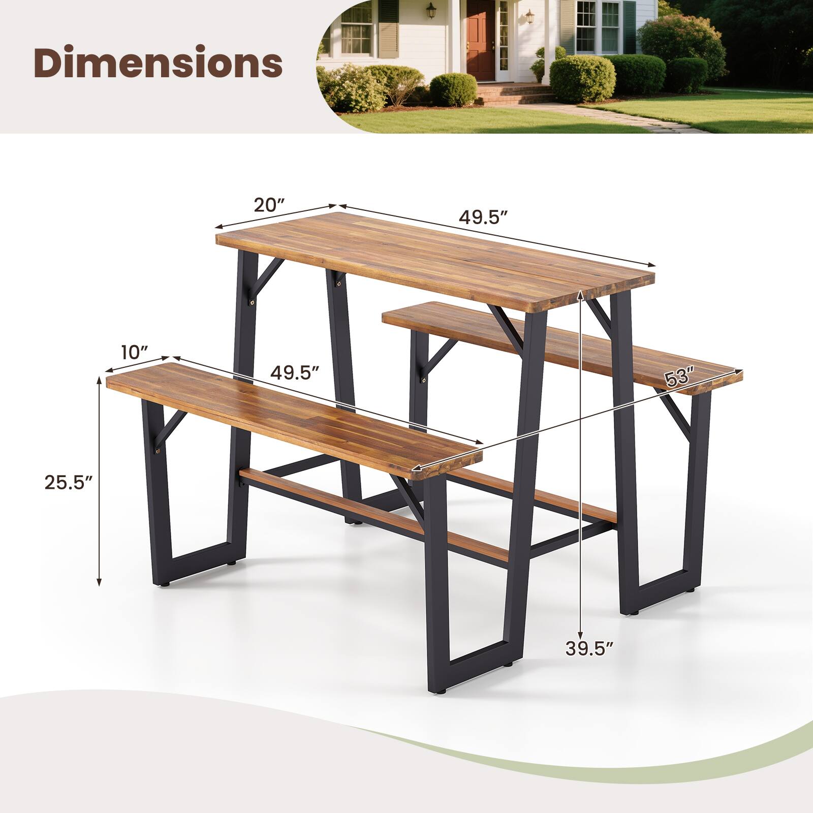 Dimensions:  
- Length: 49.5"  
- Width: 20"  
- Height: 39.5"  
- Seat Depth: 10"  
- Seat Height: 25.5"  
- Table Height: 53"