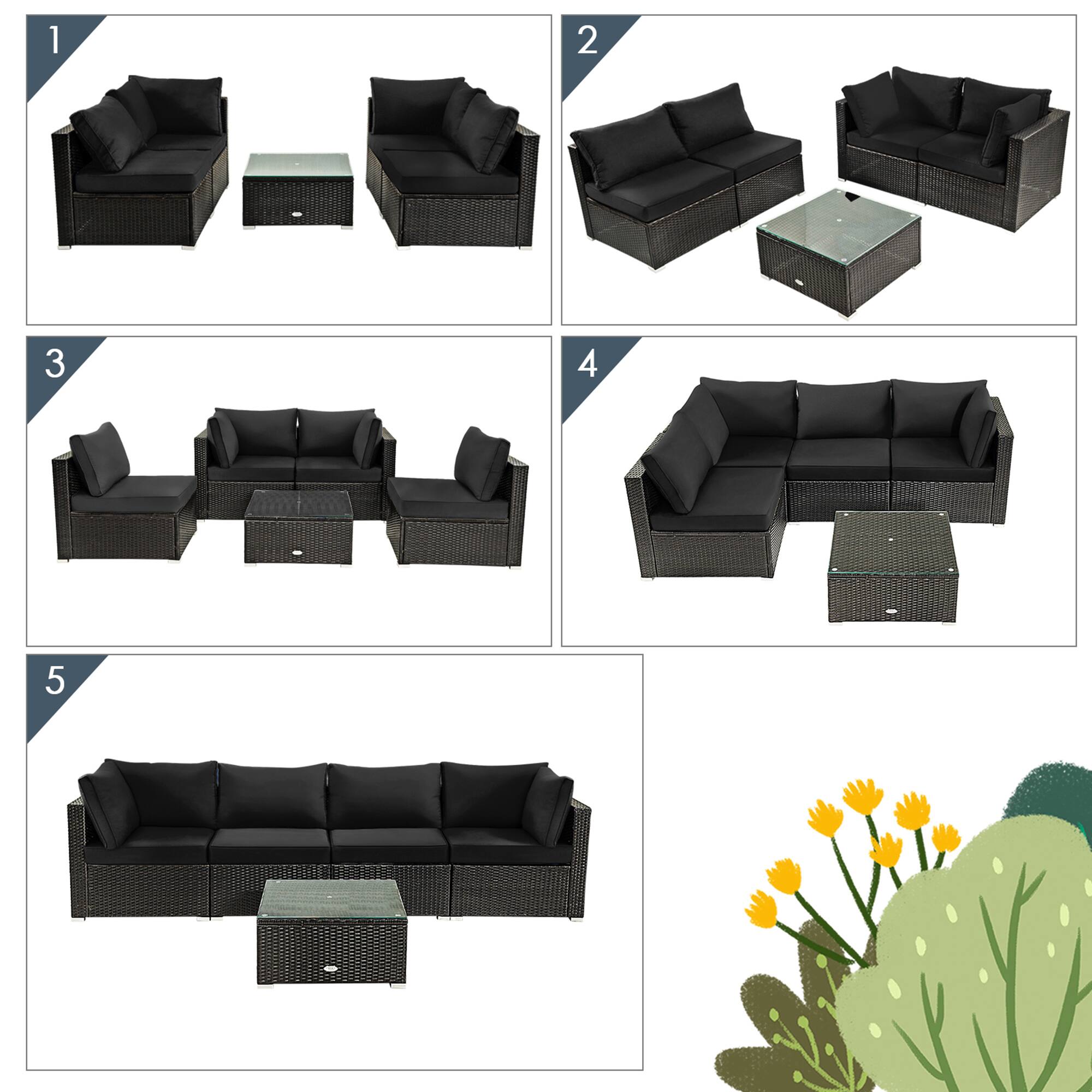 Alt View 7. Gymax - Gymax 5PCS Rattan Patio Conversation Set Sofa Furniture Set w/ Black Cushions - Mix brown.