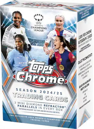 **Topps Chrome**
**Season 2024/25 Trading Cards**
**3 Mini Diamond Parallels in Refractor**
**The Exclusive UEFA Women's Champions League Trading Cards**
**7 Packs + 4 Cards per Pack**
**28 Cards Total**
**Look for Chrome Autograph Cards**
**From the Game's Biggest Stars**
**Collect the Complete Set!**
**All Base Cards Have Rare Colored Parallels Including the One Numbered Parallel - The Only One in the World!**
**Search for Amazing New Inserts, Including:**
- DreamGaller
- Vibe
- Noble One
- Rhythmic
**No Purchase Necessary. Visit Topps.com/NPN for Details and Entry.**