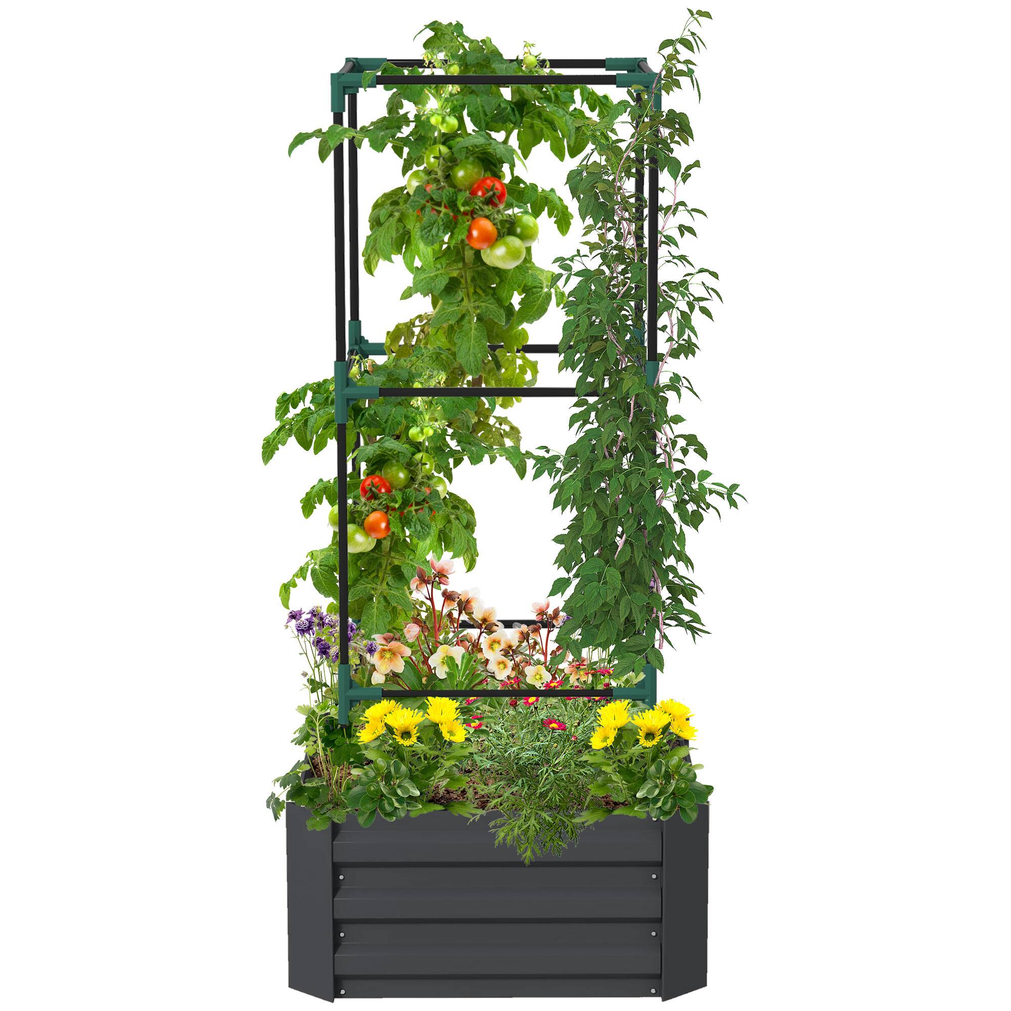"Outsunny - Galvanized Raised Garden Bed, 55"" Tall Outdoor Planter Box with Trellis Tomato Cage and Open Bottom for Climbing Vines - Dark Gray" price history on PriceWatchPro