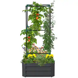 Outsunny - Galvanized Raised Garden Bed, 55" Tall Outdoor Planter Box with Trellis Tomato Cage and Open Bottom for Climbing Vines - Dark Gray
