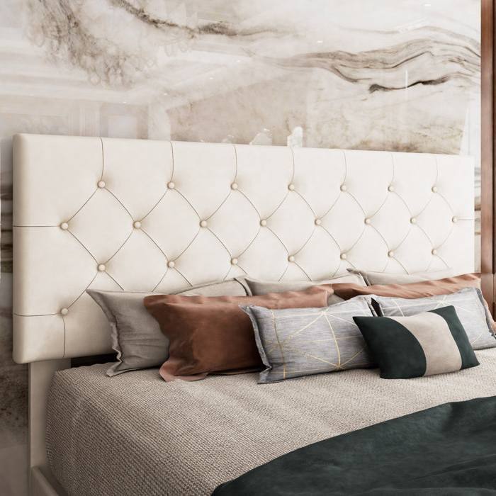 Left. SlickBlue - Upholstered Faux Leather Bed with Button-Tufted Headboard for Bedroom - White.