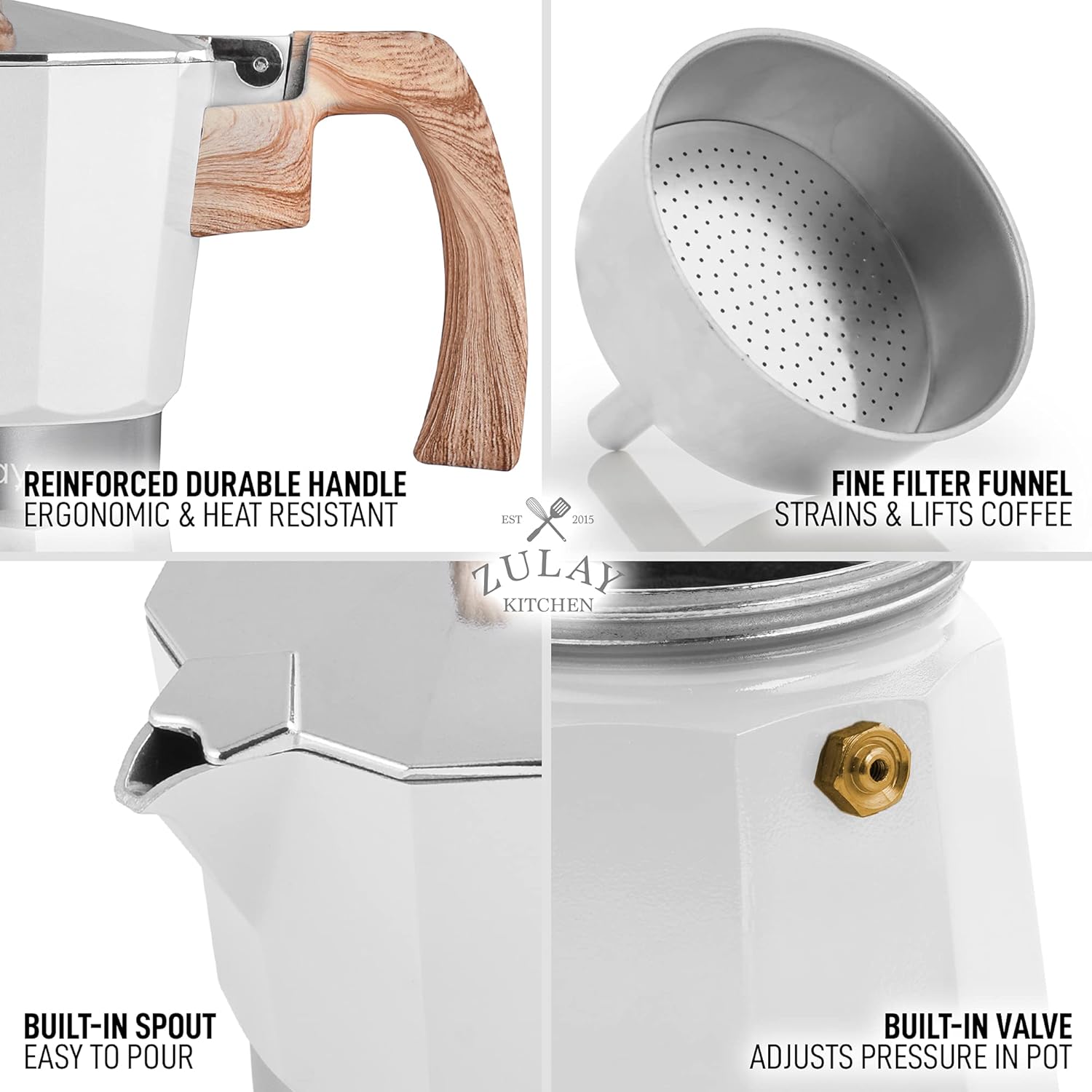 REINFORCED DURABLE HANDLE  
ERGONOMIC & HEAT RESISTANT  

FINE FILTER FUNNEL  
STRAINS & LIFTS COFFEE  

BUILT-IN SPOUT  
EASY TO POUR  

BUILT-IN VALVE  
ADJUSTS PRESSURE IN POT