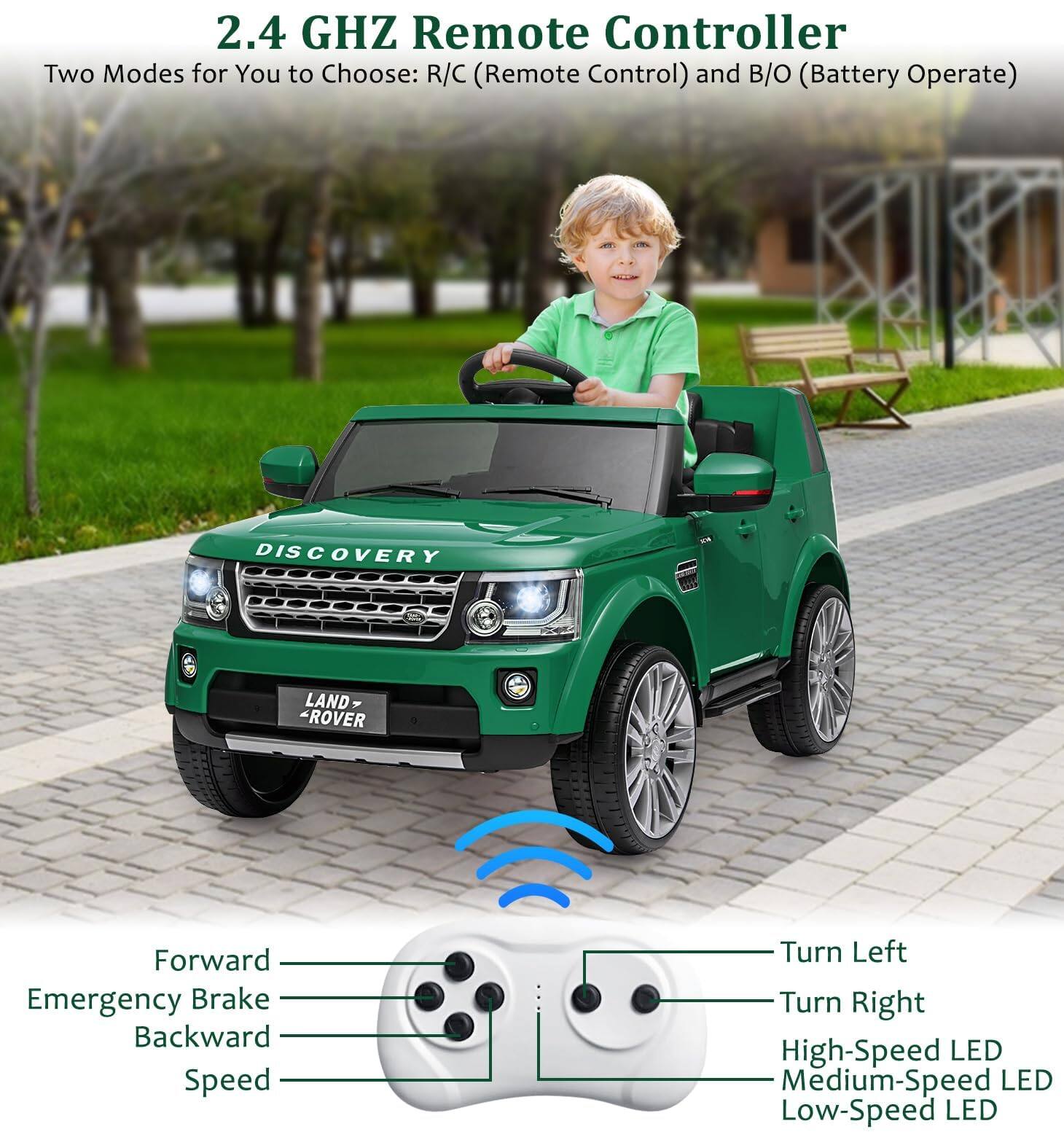 2.4 GHZ Remote Controller  
Two Modes for You to Choose: R/C (Remote Control) and B/O (Battery Operate)  

DISCOVERY LAND ROVER  
Forward  
Emergency Brake  
Backward  
Speed  

Turn Left  
Turn Right  
High-Speed LED  
Medium-Speed LED  
Low-Speed LED