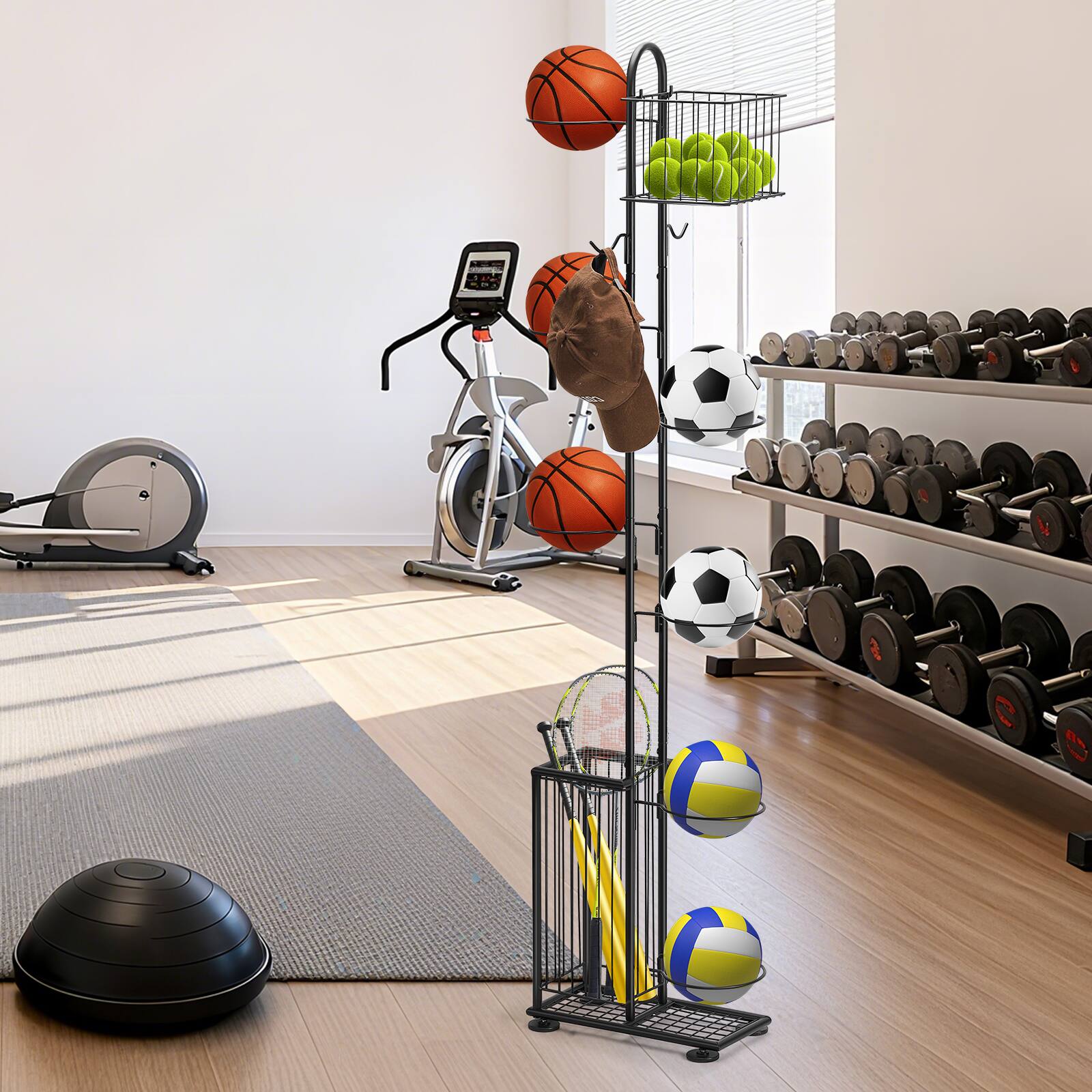 Angle. Oumilen - Vertical Multi-Ring Sports Ball Storage Rack with Mesh Baskets & Detachable Hooks - Black.