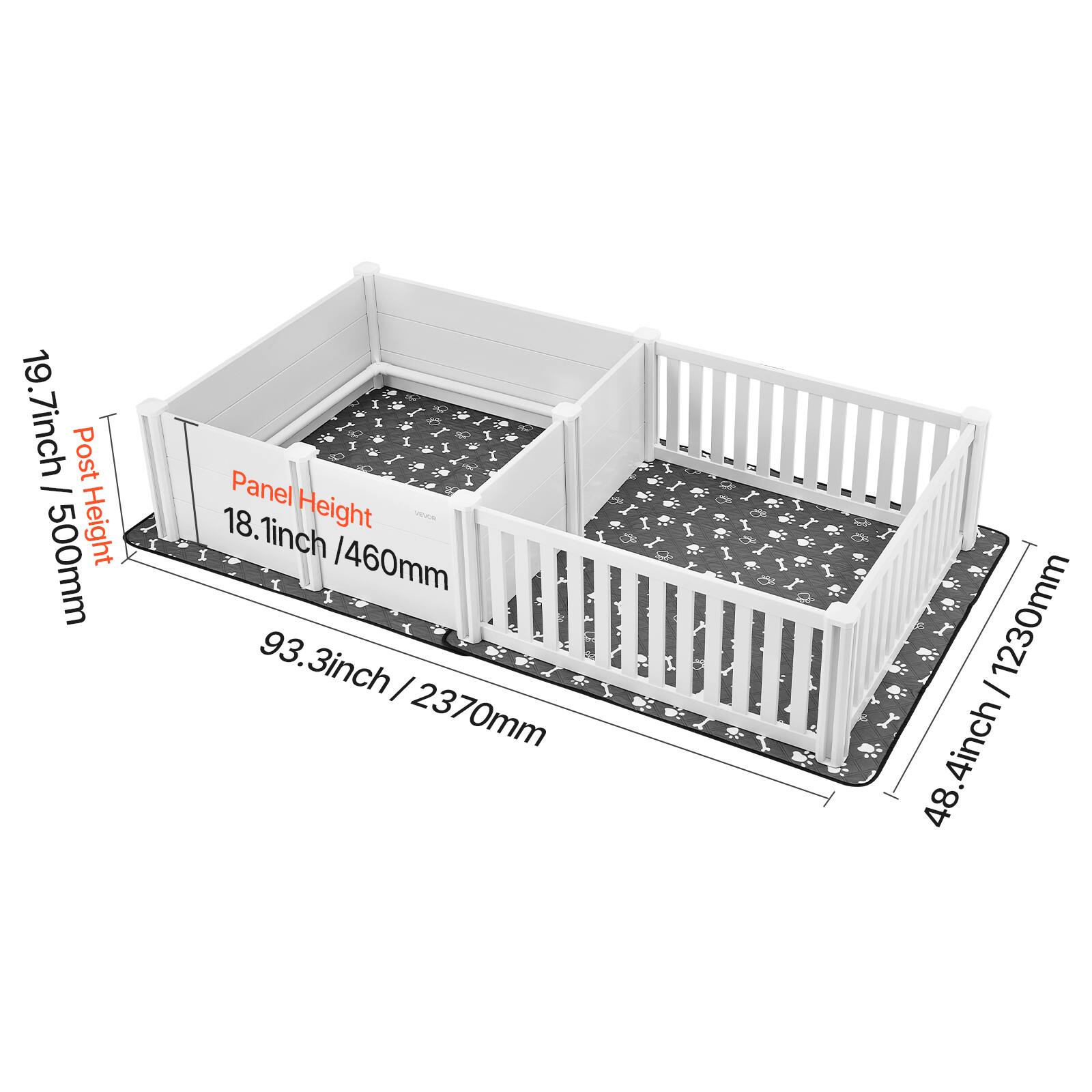 - Post Height: 19.7 inch / 500 mm
- Panel Height: 18.1 inch / 460 mm
- Width: 93.3 inch / 2370 mm
- Depth: 48.4 inch / 1230 mm
