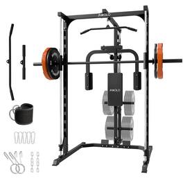 Mikolo - Smith Machine Power Rack with Pec Deck Machine, Lat Pull Down System with Cable Attachment - Black