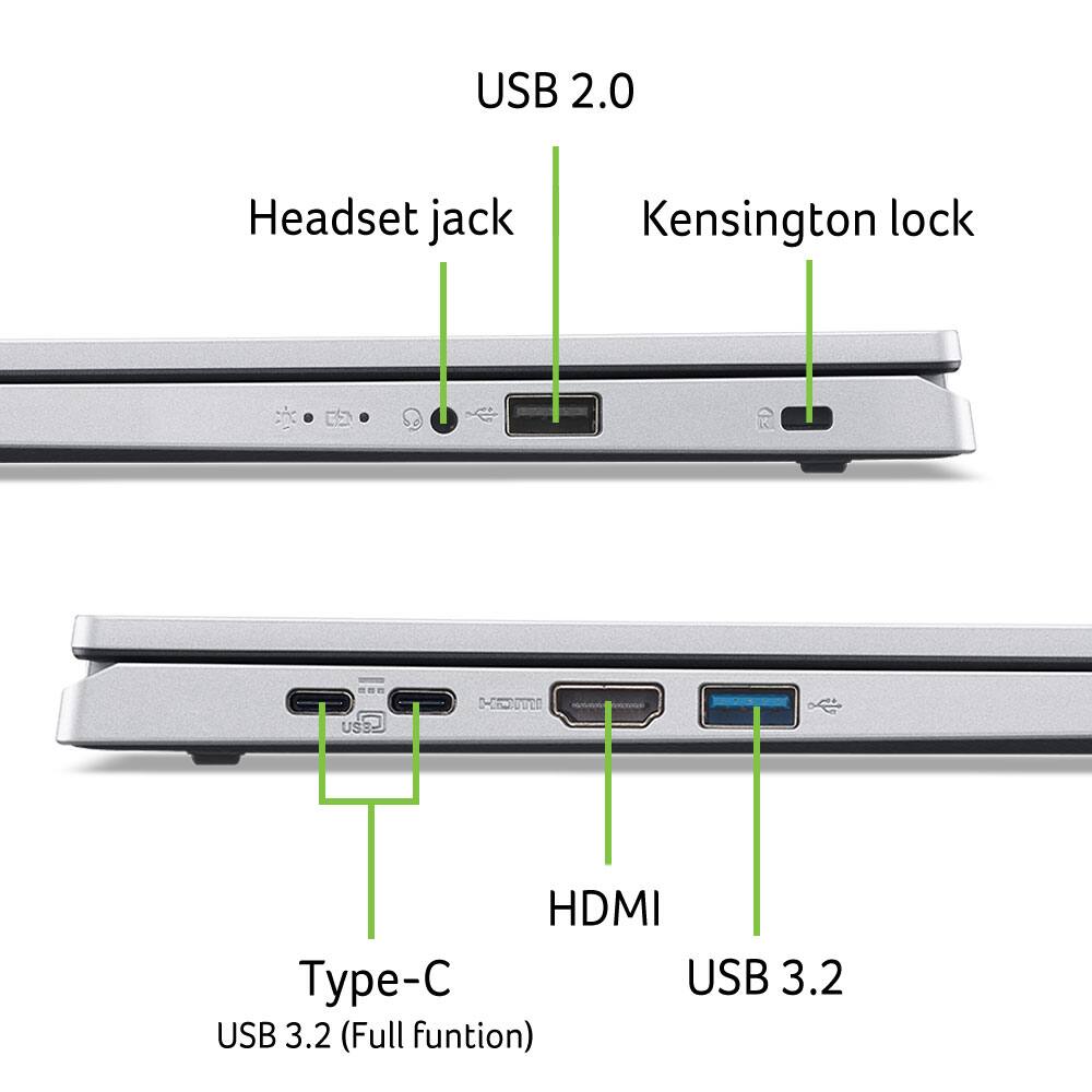 USB 2.0, Headset jack, Kensington lock, HDMI, Type-C USB 3.2 (Full function), USB 3.2