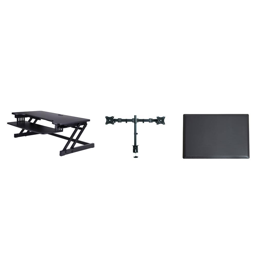 Rocelco - Deluxe Height Adjustable Standing Desk Converter with Dual Monitor Mount and Anti Fatigue Mat BUNDLE, Keyboard Tray - Black