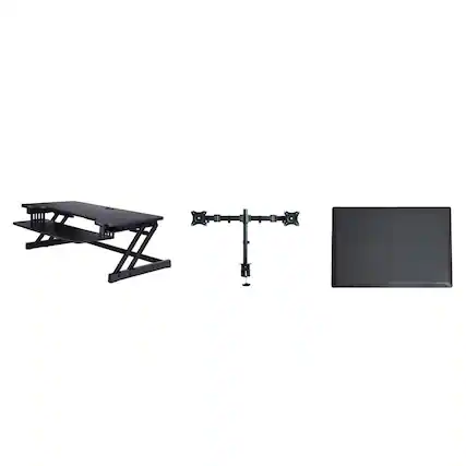 Front. Rocelco - Deluxe Height Adjustable Standing Desk Converter with Dual Monitor Mount and Anti Fatigue Mat BUNDLE, Keyboard Tray - Black.