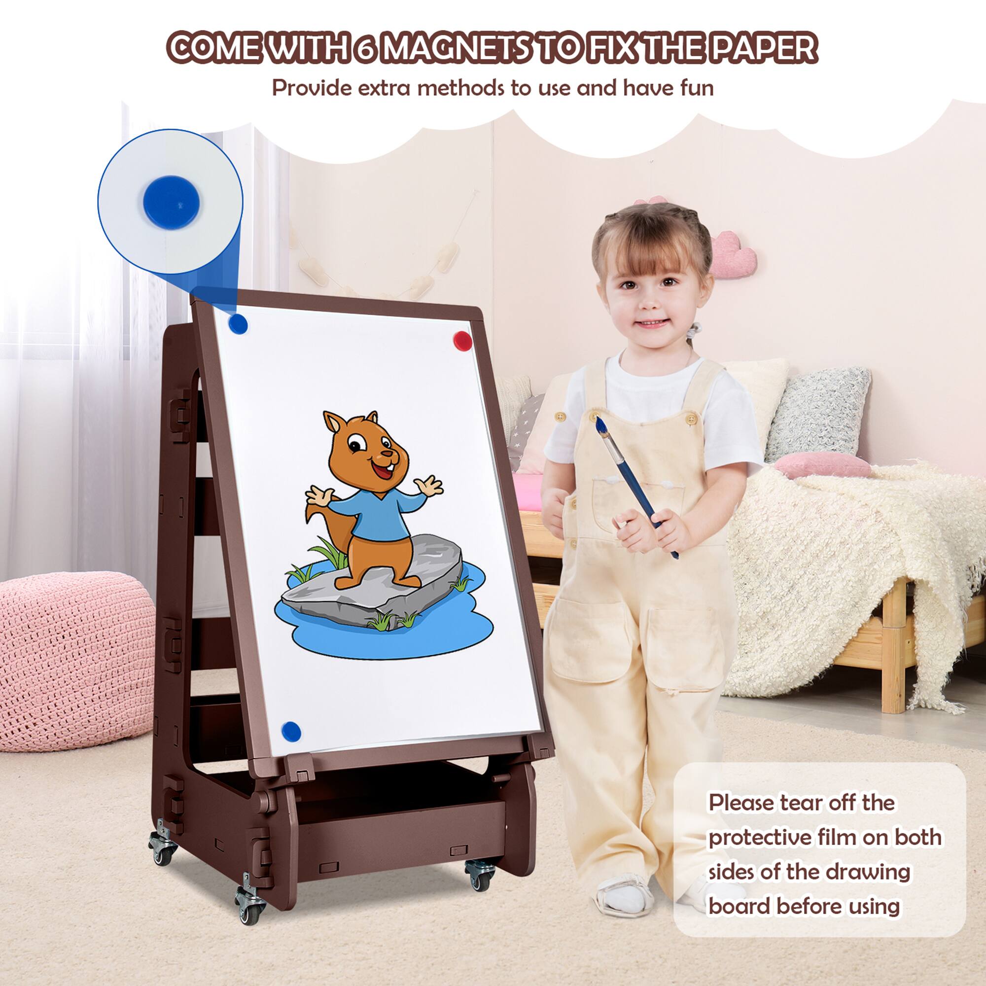 COME WITH 6 MAGNETS TO FIX THE PAPER  
Provide extra methods to use and have fun  

Please tear off the protective film on both sides of the drawing board before using