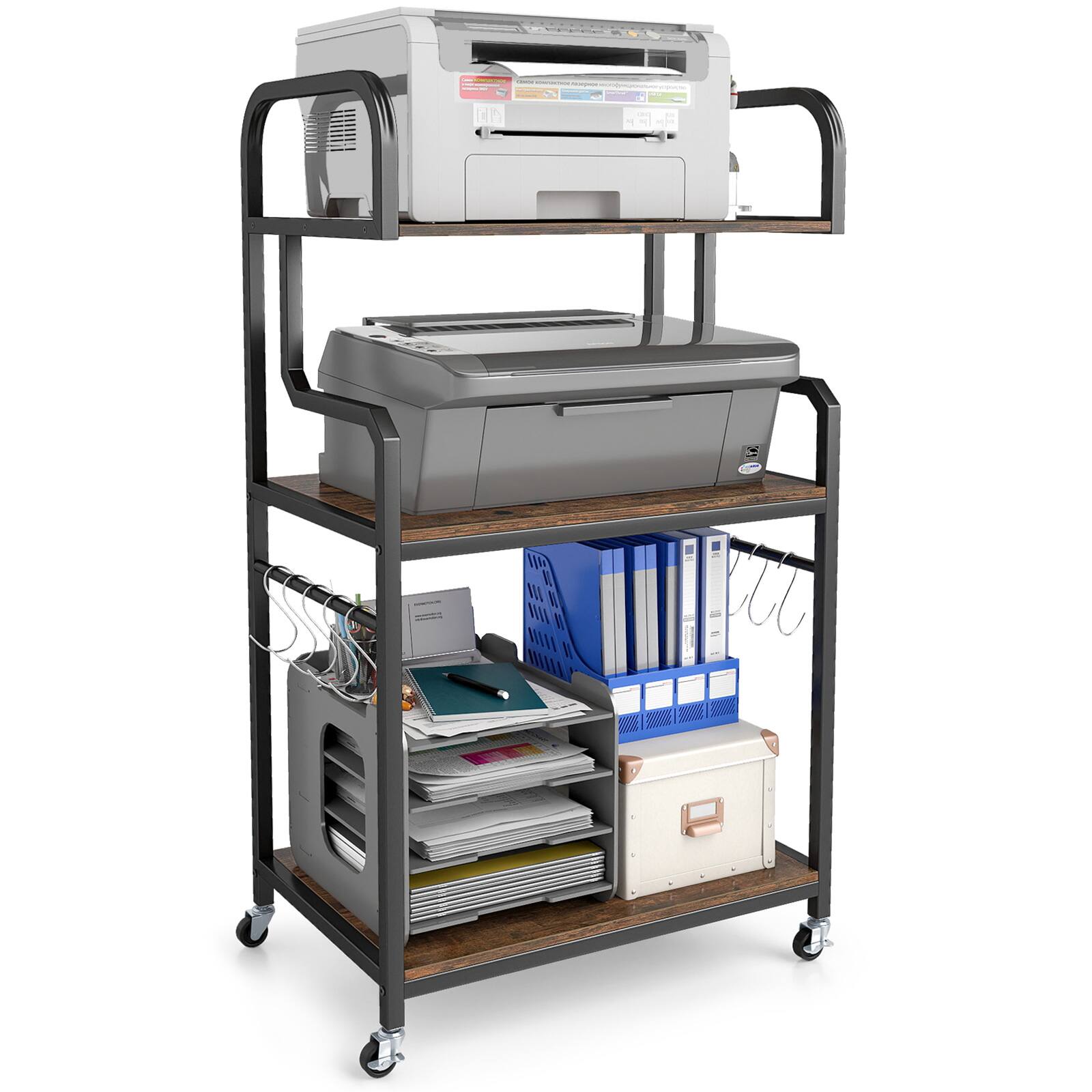 Front. Gymax - Gymax 3-Tier Rolling Printer Stand Home Office Large Printer Cart w/ Storage Shelves Rustic Brown & Black - Brown.