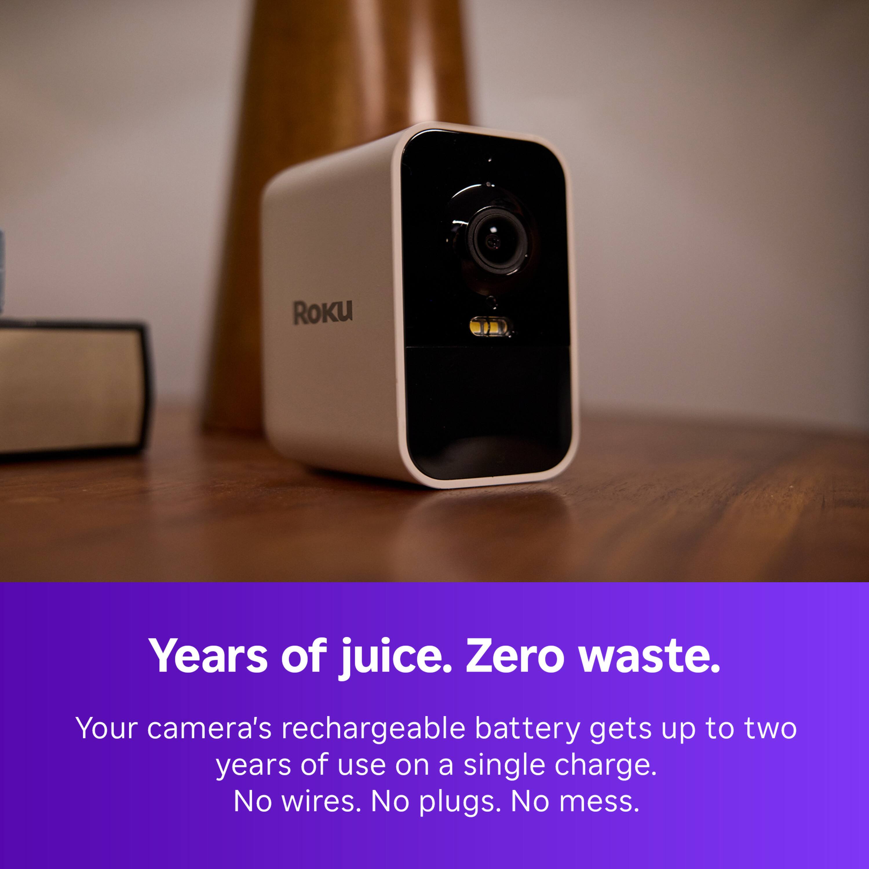 Years of juice. Zero waste. Your camera's rechargeable battery gets up to two years of use on a single charge. No wires. No plugs. No mess.