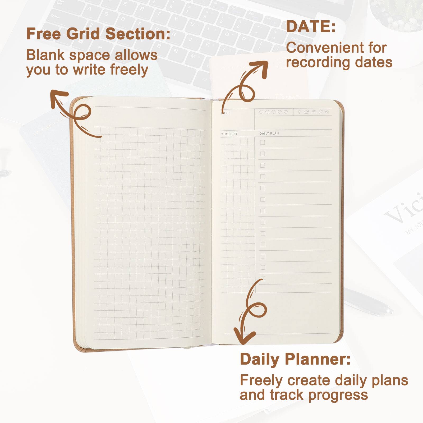 Free Grid Section: Blank space allows you to write freely

DATE: Convenient for recording dates

Daily Planner: Freely create daily plans and track progress