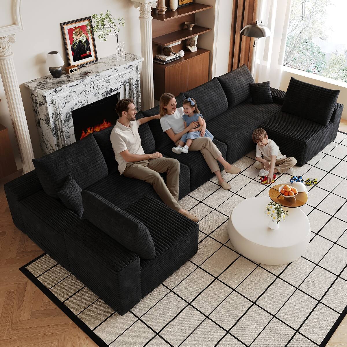 Front. Ropilly - Ropilly U Shaped Sectional Sofa, 7 Seat Deep Seat Corner Couch, Black Corduroy Sectional for Living Room - Black.