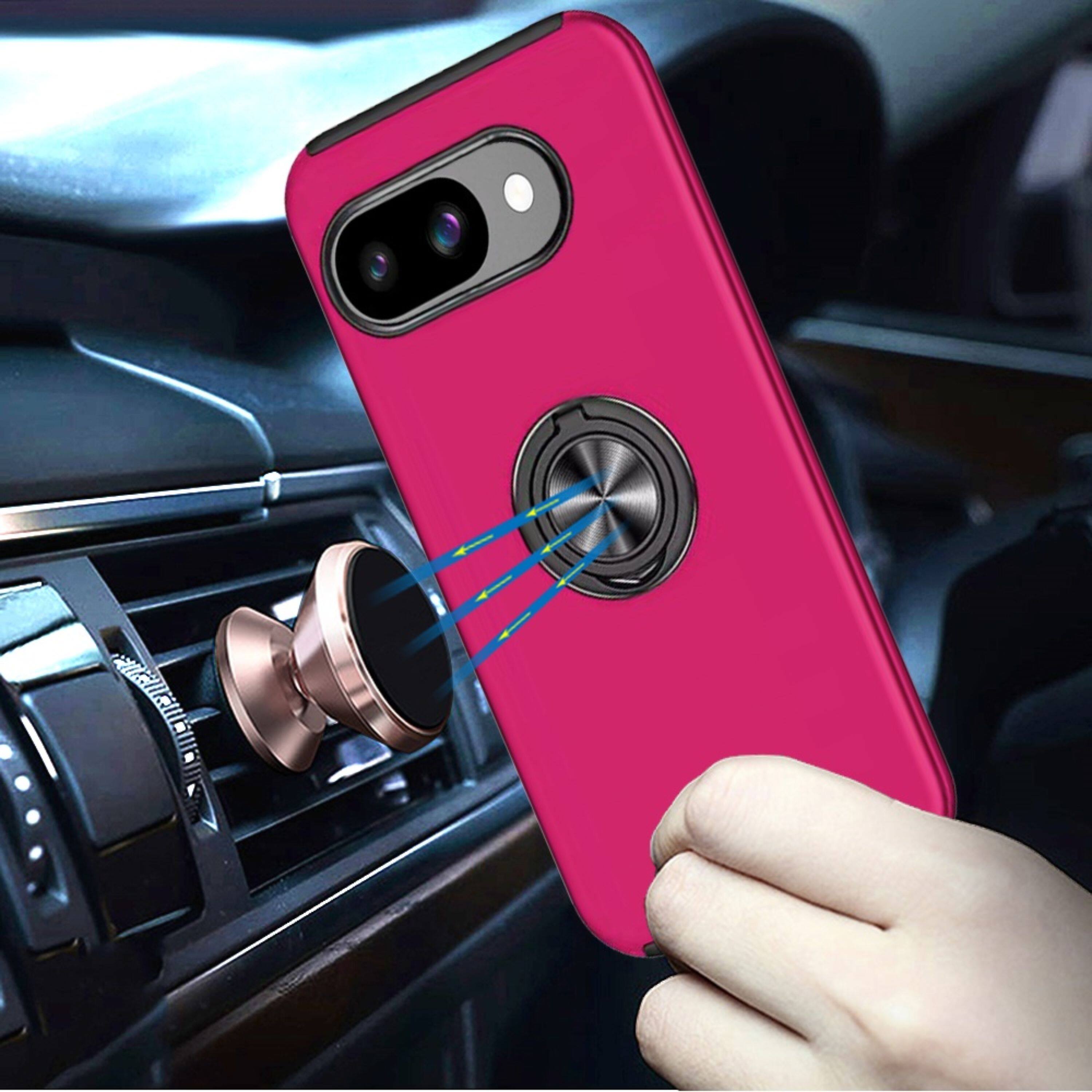 Left. Kitcheniva - Rubber Dual-Layer Magnetic Ring Stand Case With Tempered Glass For Google Pixel 9a Hot Pink - Hot Pink.