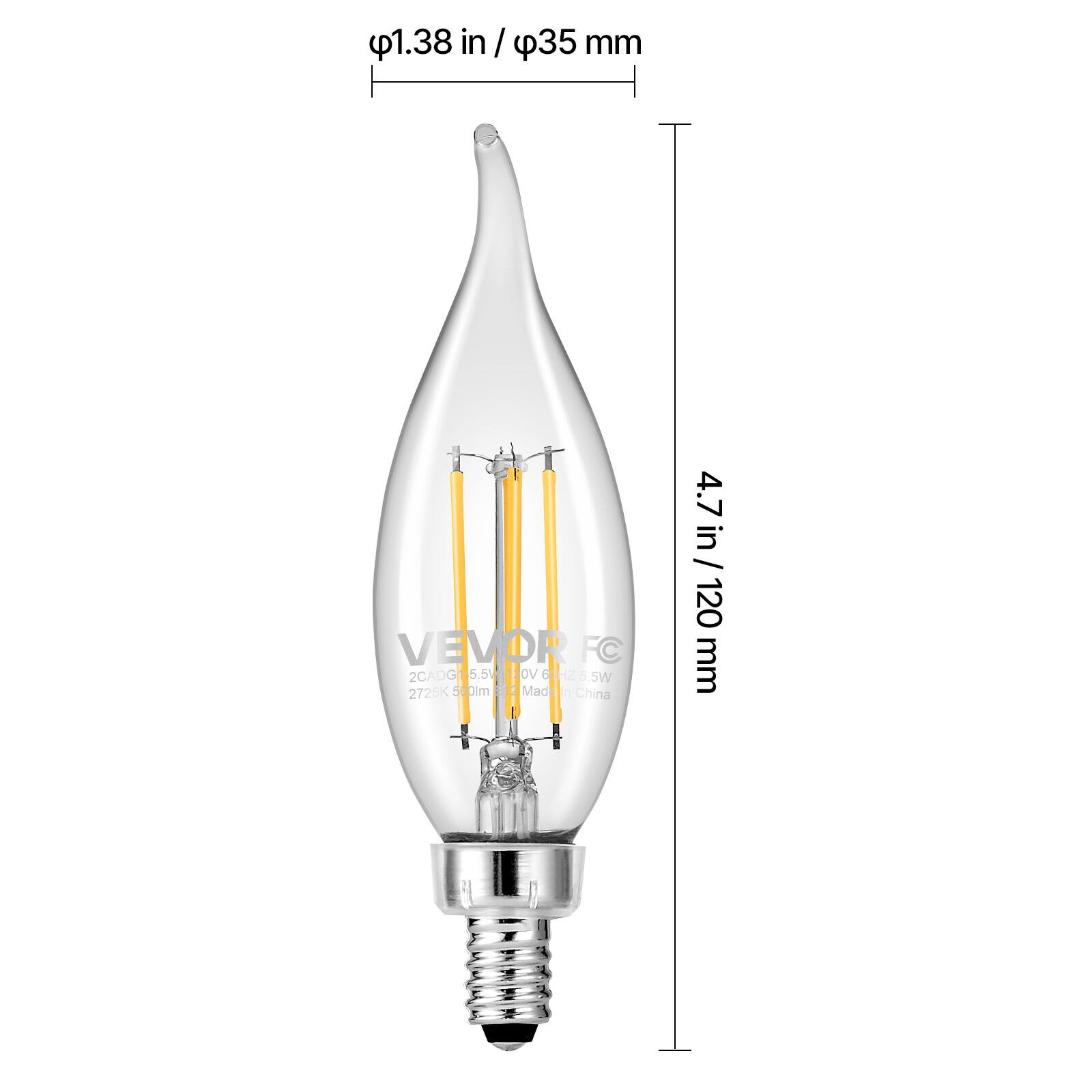 Sure, here is the corrected and grouped text:

- **Diameter:** 1.38 in / 35 mm
- **Height:** 4.7 in / 120 mm
- **Brand:** VEVOR
- **Model:** FC 2CADG
- **Voltage:** 5.5V
- **Power:** 6.5W
- **Color Temperature:** 2726K
- **Lumen:** 500lm
- **Made in:** China
- **Rating:** 4.7 / 4.7