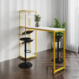 Emma + Oliver - Modern Freestanding Metal Bar Table with Bottle and Stemware Storage - Marble Top/Gold Frame