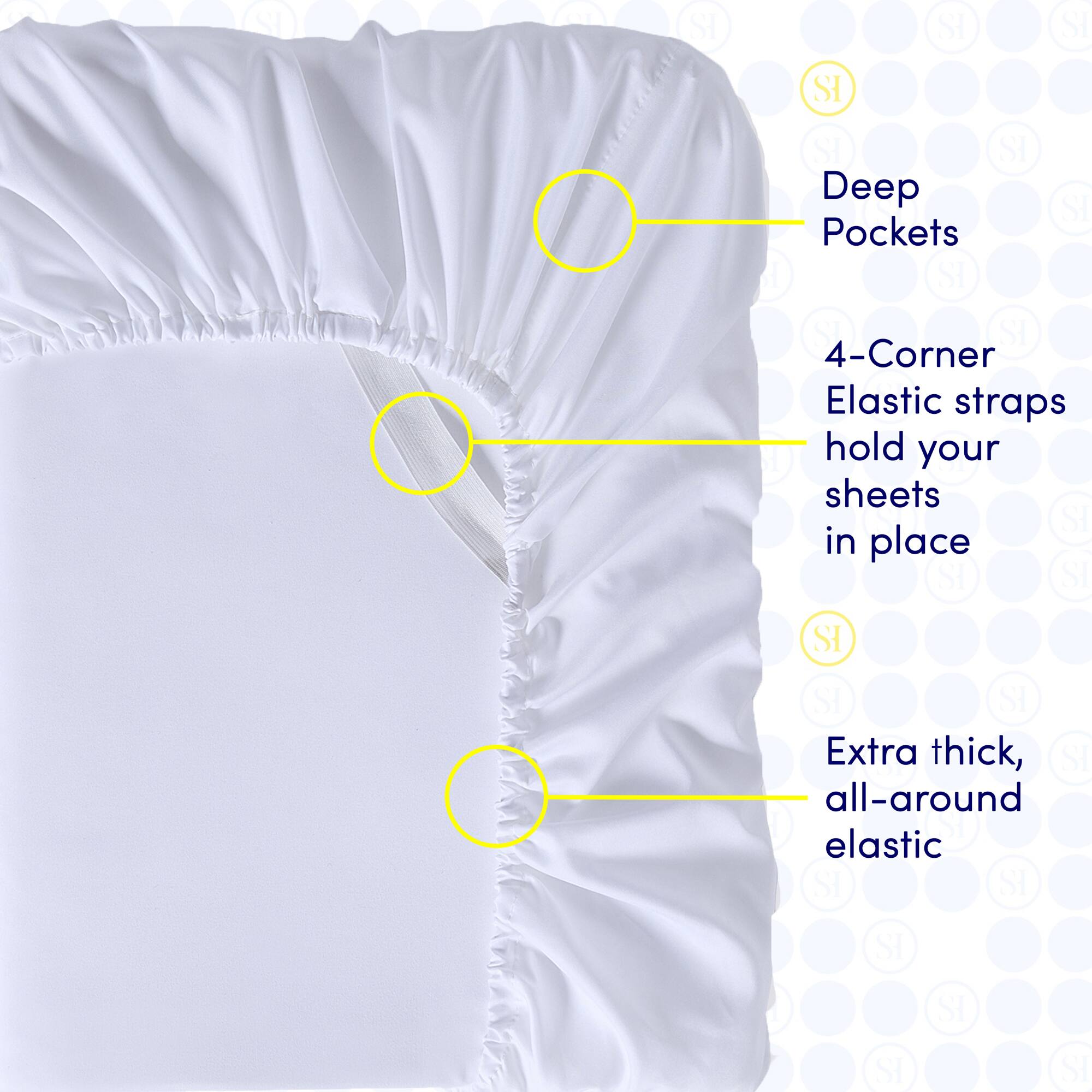 - Deep Pockets
- 4-Corner Elastic straps hold your sheets in place
- Extra thick, all-around elastic
